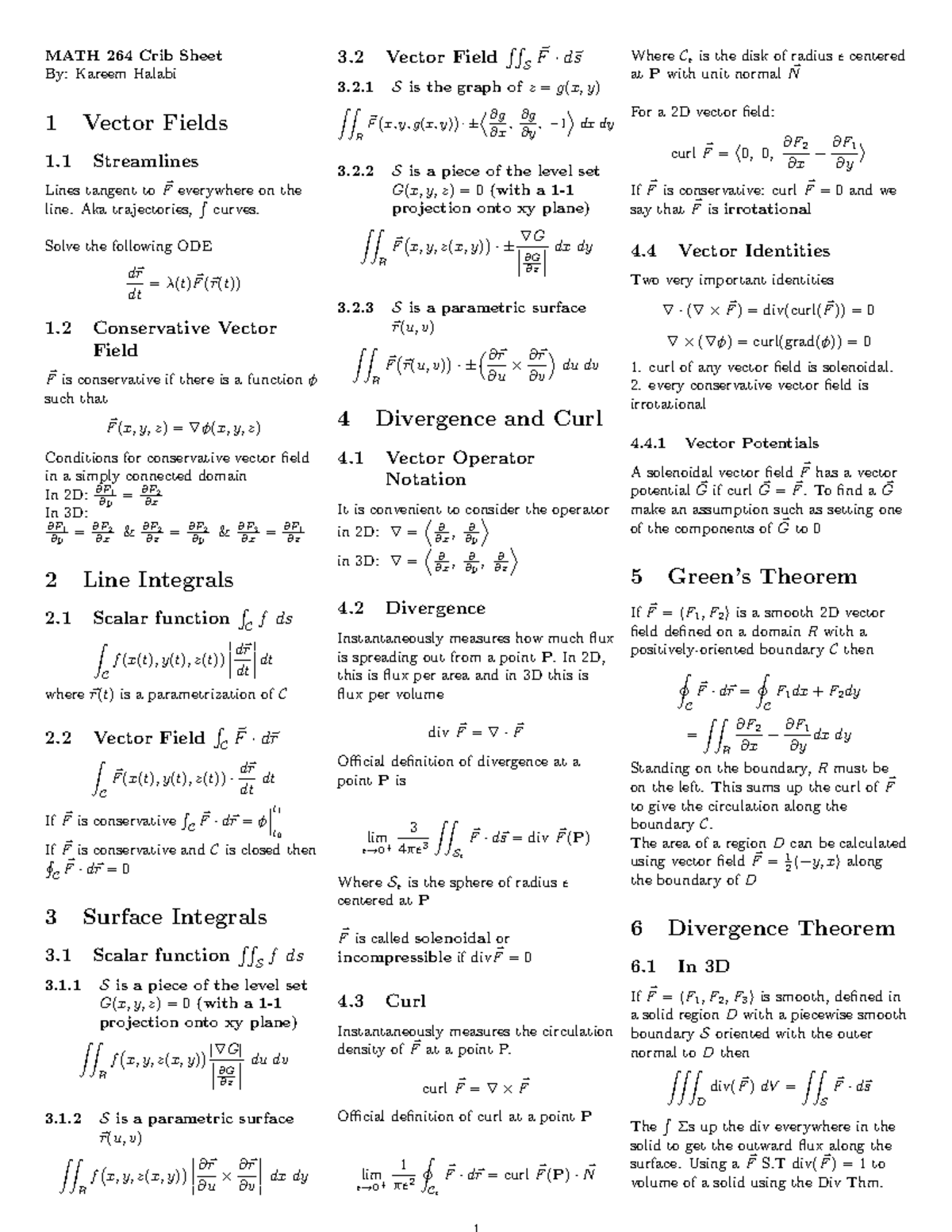 Math 264 Final Cribsheet - MATH 264 Crib Sheet By: Kareem Halabi 3 1 ZZ ...