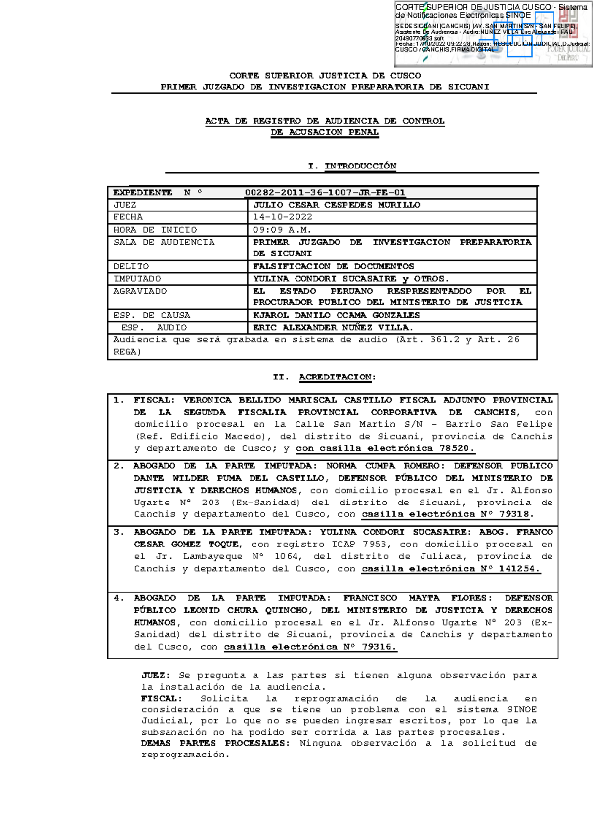 Acta De Audiencia - CORTE SUPERIOR JUSTICIA DE CUSCO PRIMER JUZGADO DE ...