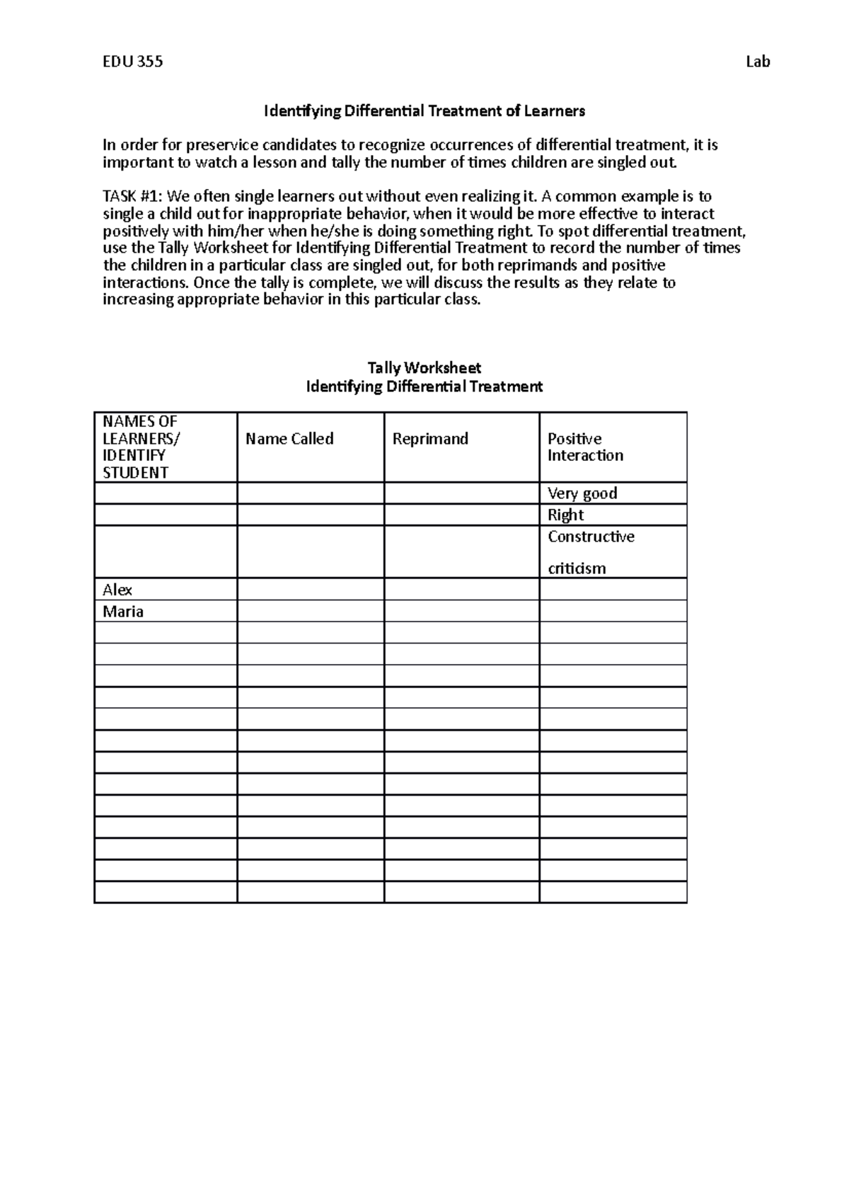 355 Identifying Differential Treatment of Learners EDU 355 Lab