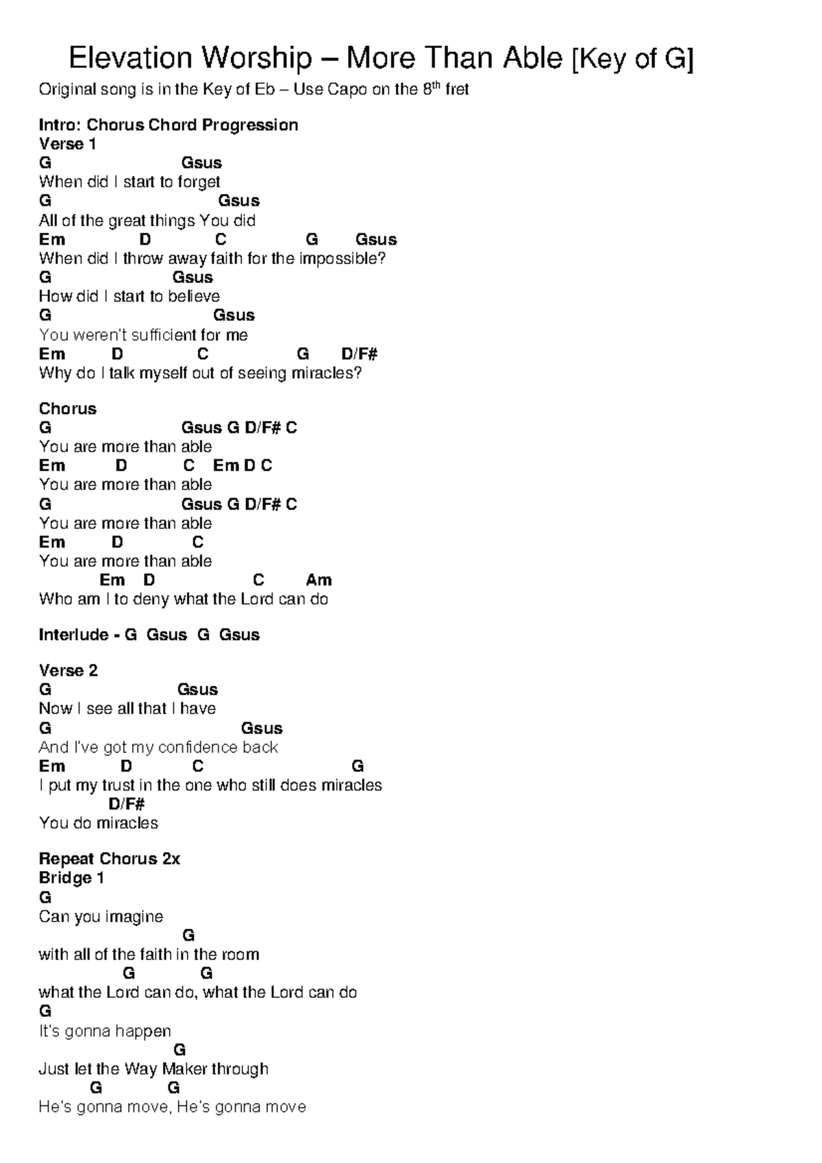 Elevation Worship - More Than Able - Key of G - Elevation Worship ...