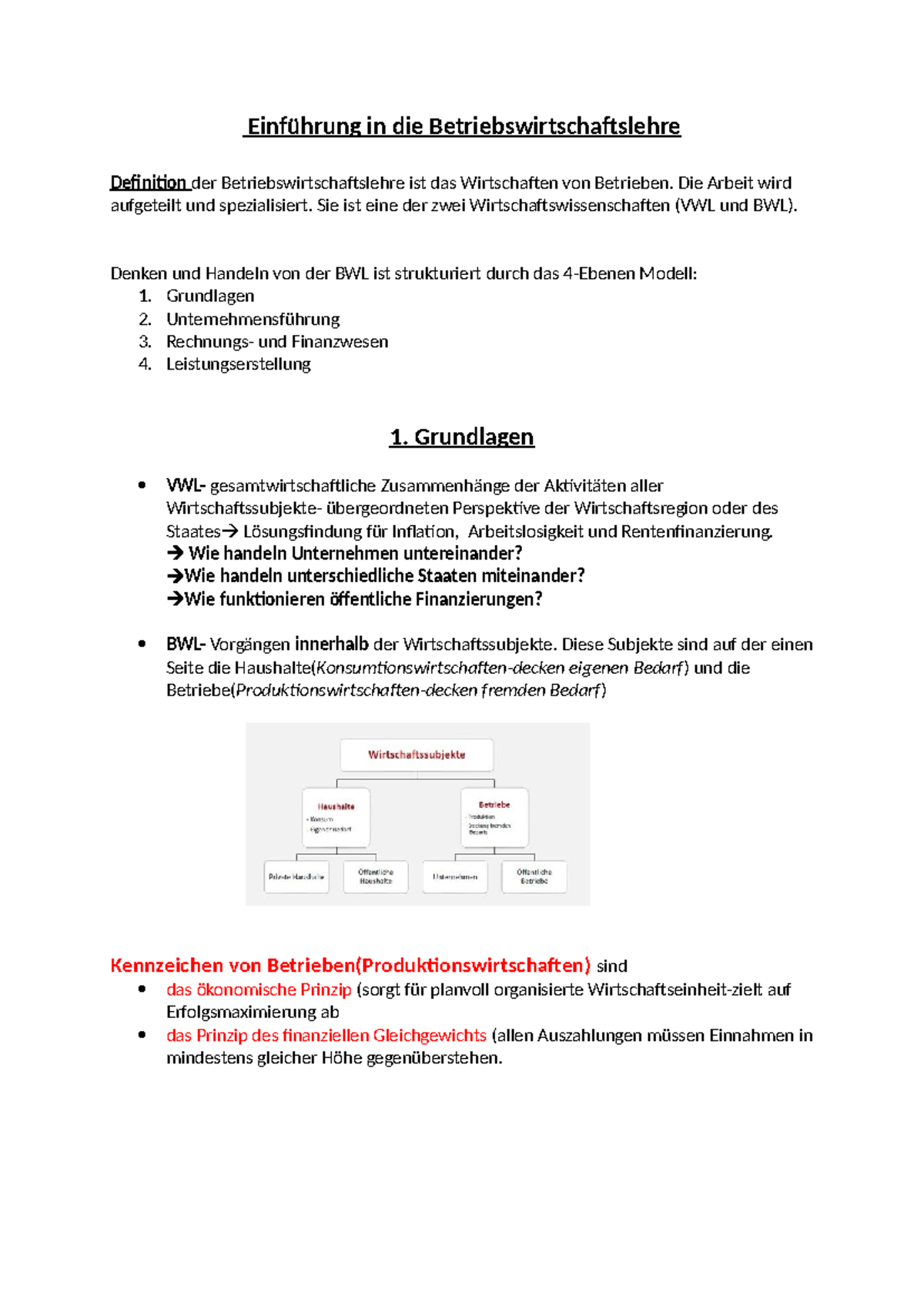 Einführung In Die Betriebswirtschaftslehre Zusammenfassung Grundlagen EBW - Einführung in die
