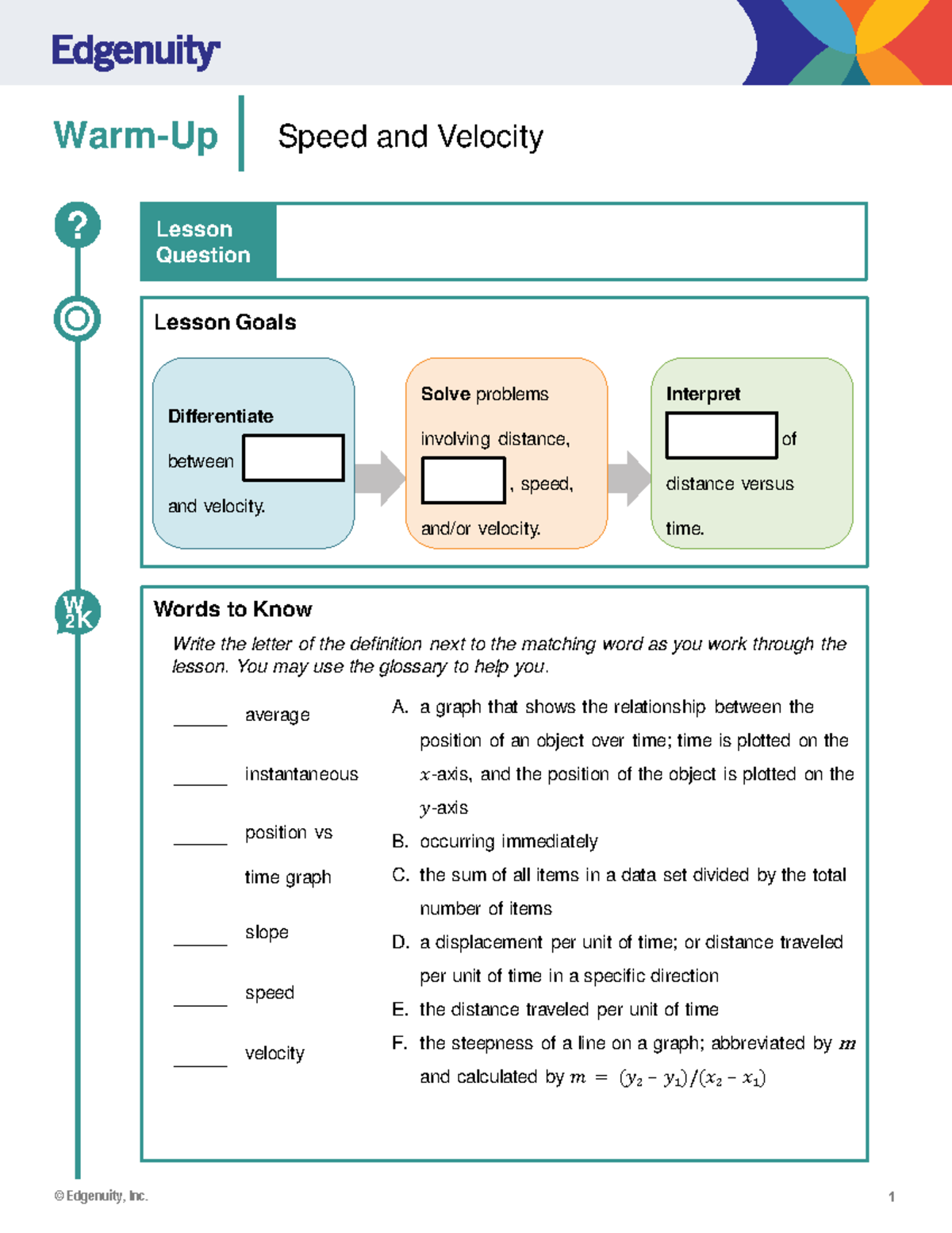 3208 07 02 Speed And Velocity GN SE WarmUp Lesson Question Lesson
