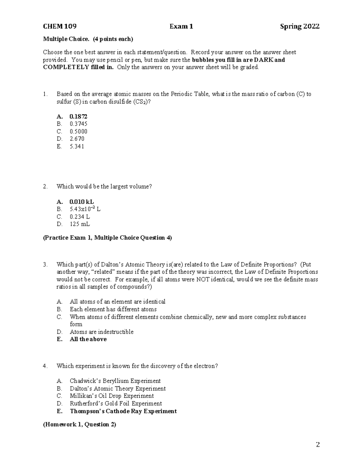 Exam1 109 Sp22 Key - Lab - Multiple Choice. (4 points each) Choose the ...