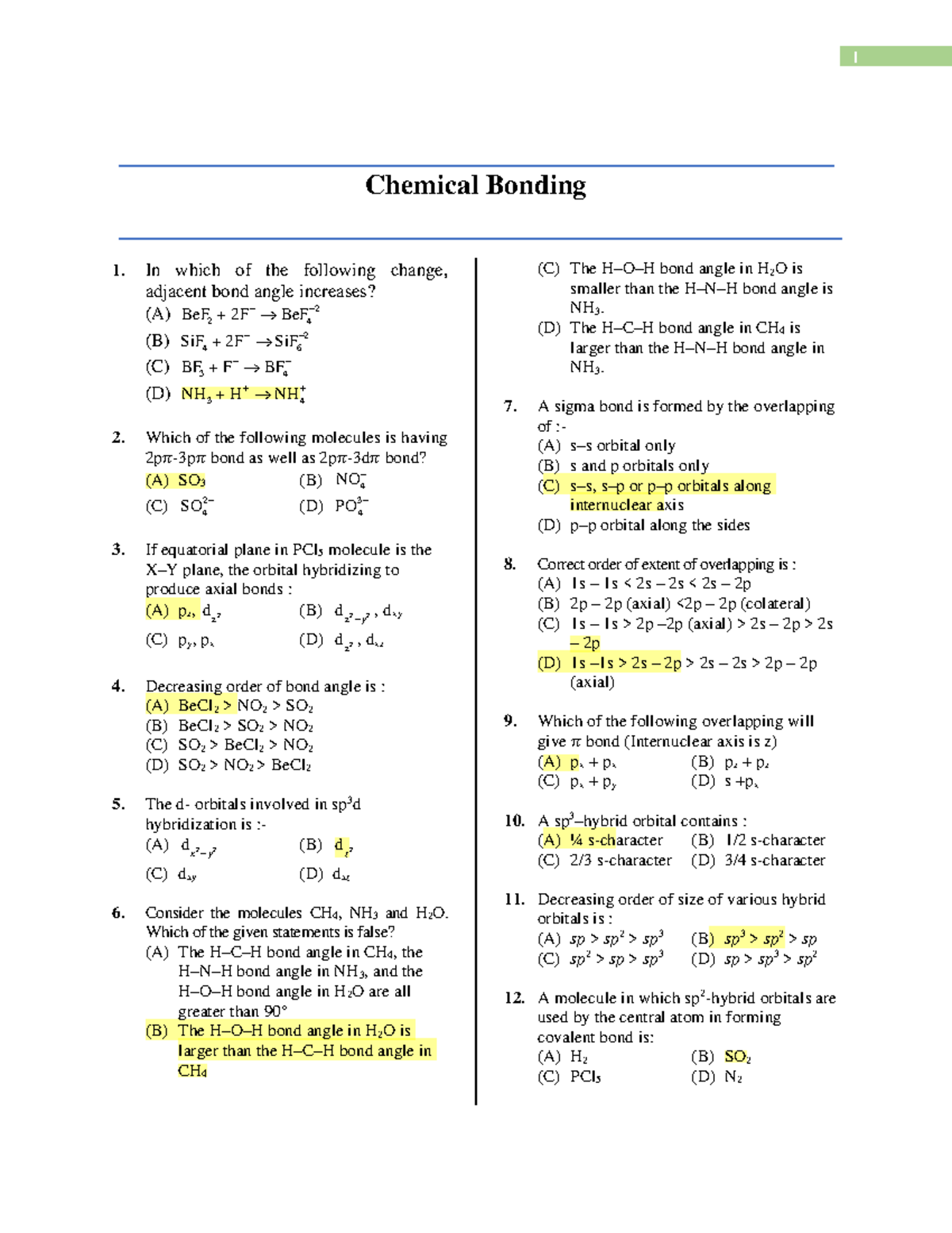 Chemical Bonding Practice Question With Answer - 1. In Which Of The ...