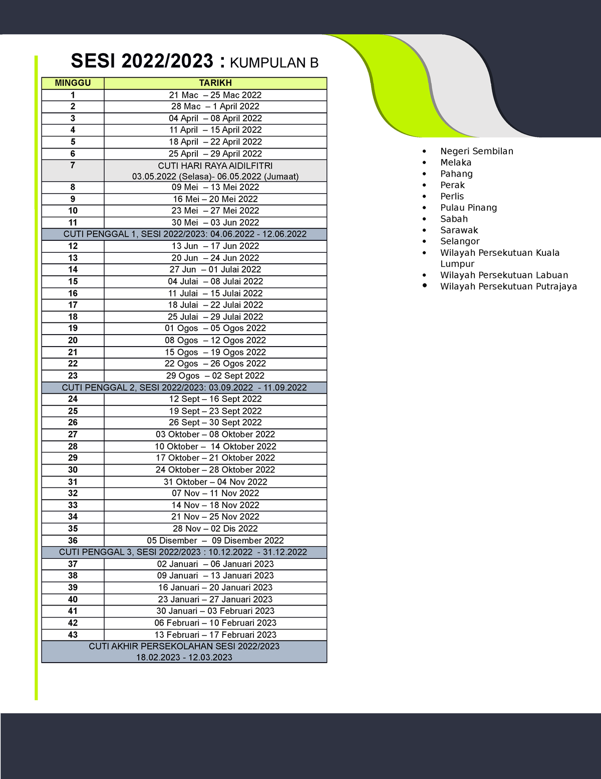 Minggu Dan Tarikh - Kumpulan B - SESI 2022/2023 : KUMPULAN B Negeri ...