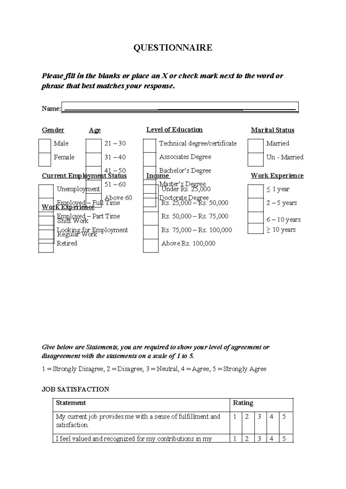 Questionnaire Draft 1 - QUESTIONNAIRE Please fill in the blanks or ...