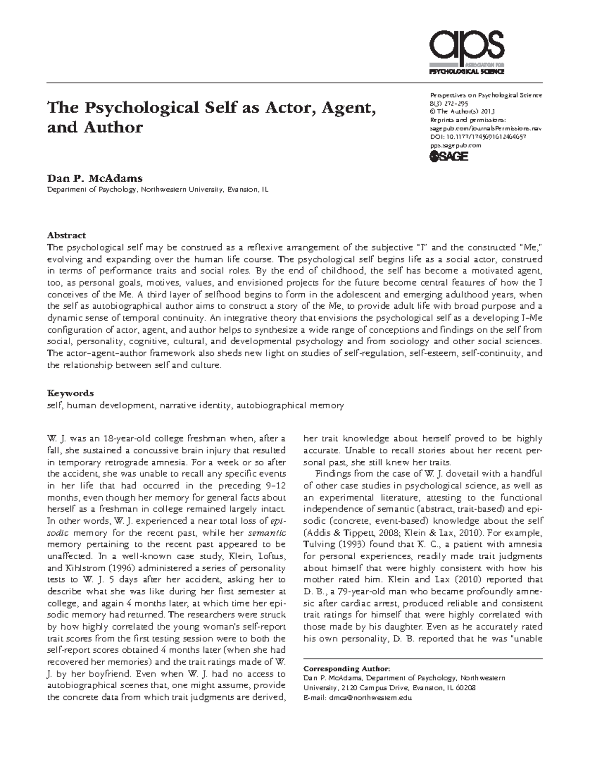 Self.Actor.Agent - Mc Adams - Perspectives on Psychological Science 8(3 ...