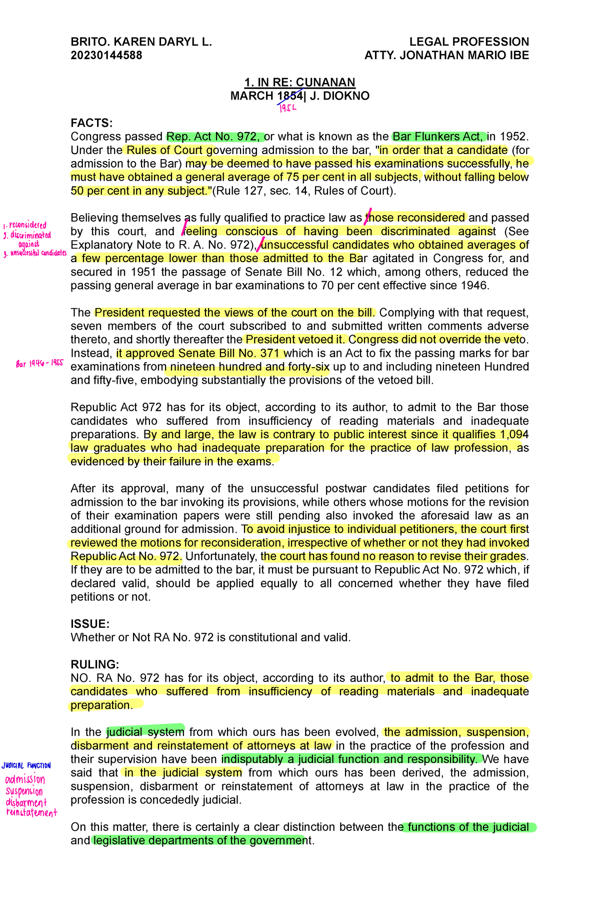 Legal Profession Cases 1 To 10 - 20230144588 ATTY. JONATHAN MARIO IBE 1 ...