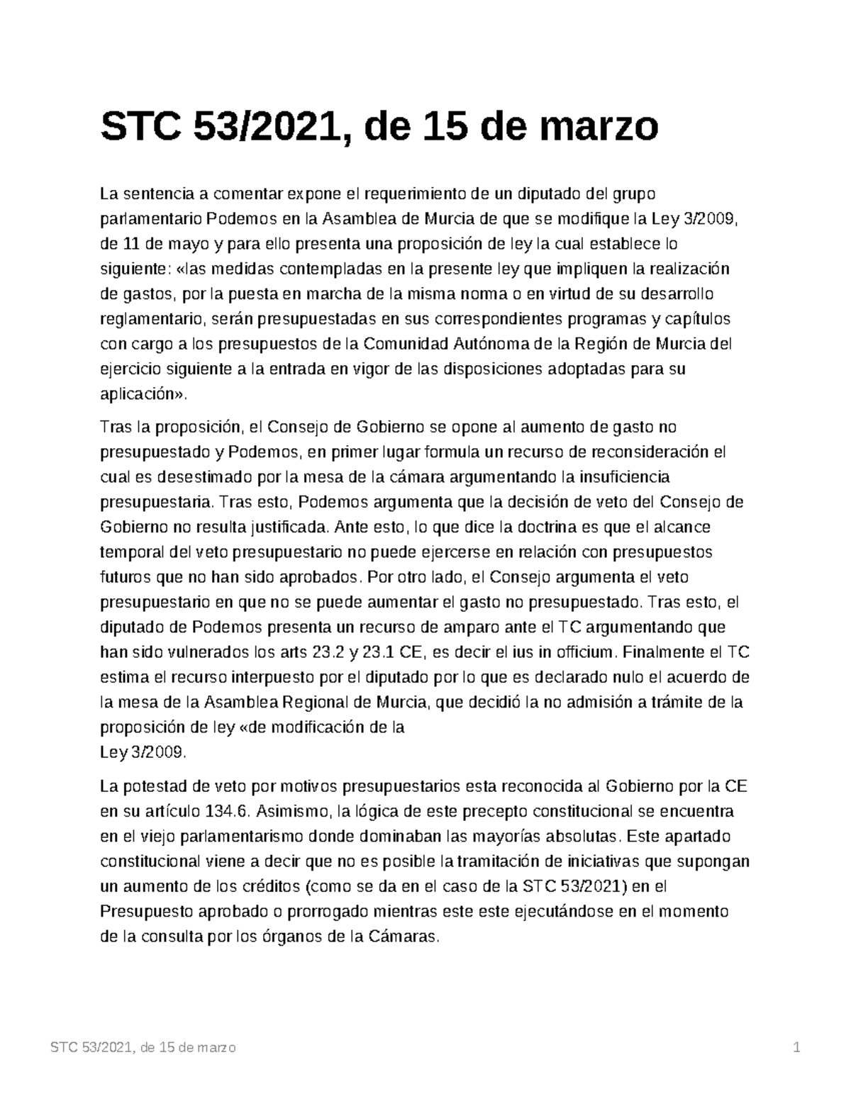 STC 532021 De 15 De Marzo. VETO PRESUPUESTARIO - STC 53/2021, De 15 De ...