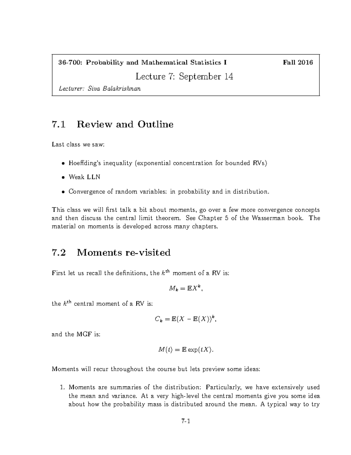 Lec7 - Lecture notes 7 - 36-700: Probability and Mathematical ...