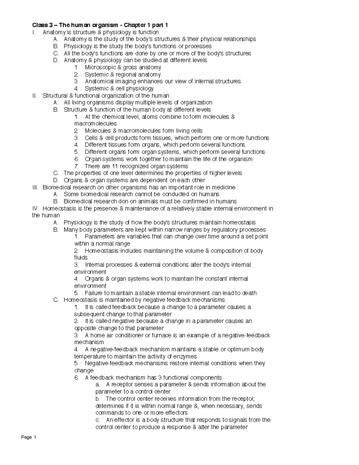 Class Notes - Class 3 – The human organism - Chapter 1 part 1 I ...