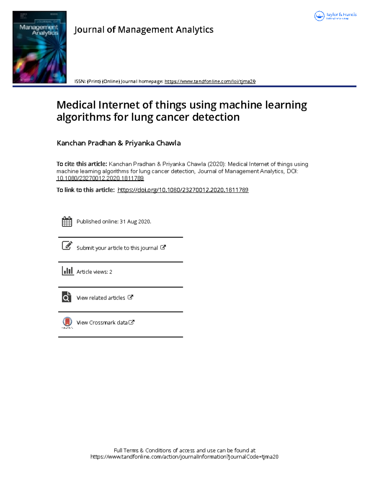Medical of things using machine learning 1080/23270012. To