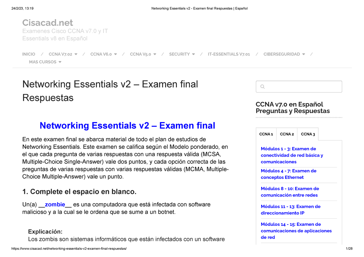 Networking Essentials v2 Examen final Respuestas Español Examenes Cisco CCNA v7 y IT