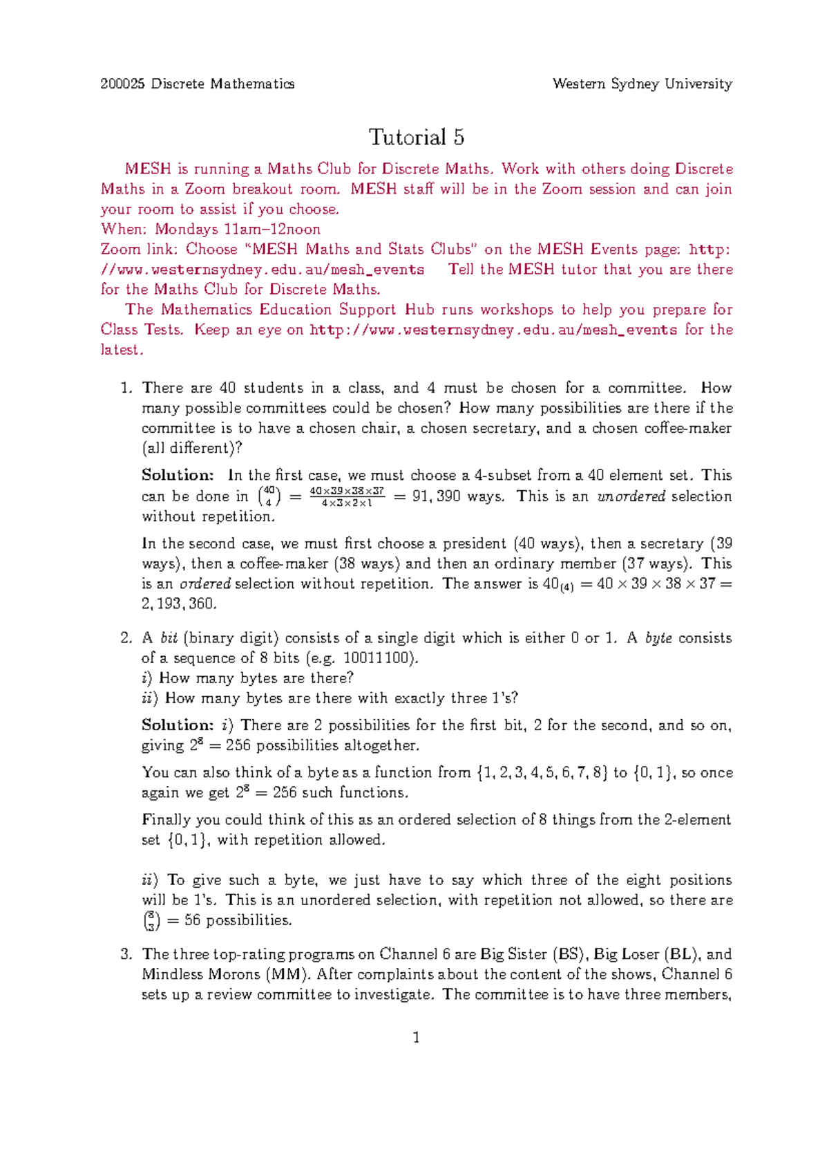 DM Tutorial 5 Solutions - 200025 Discrete Mathematics Western Sydney ...