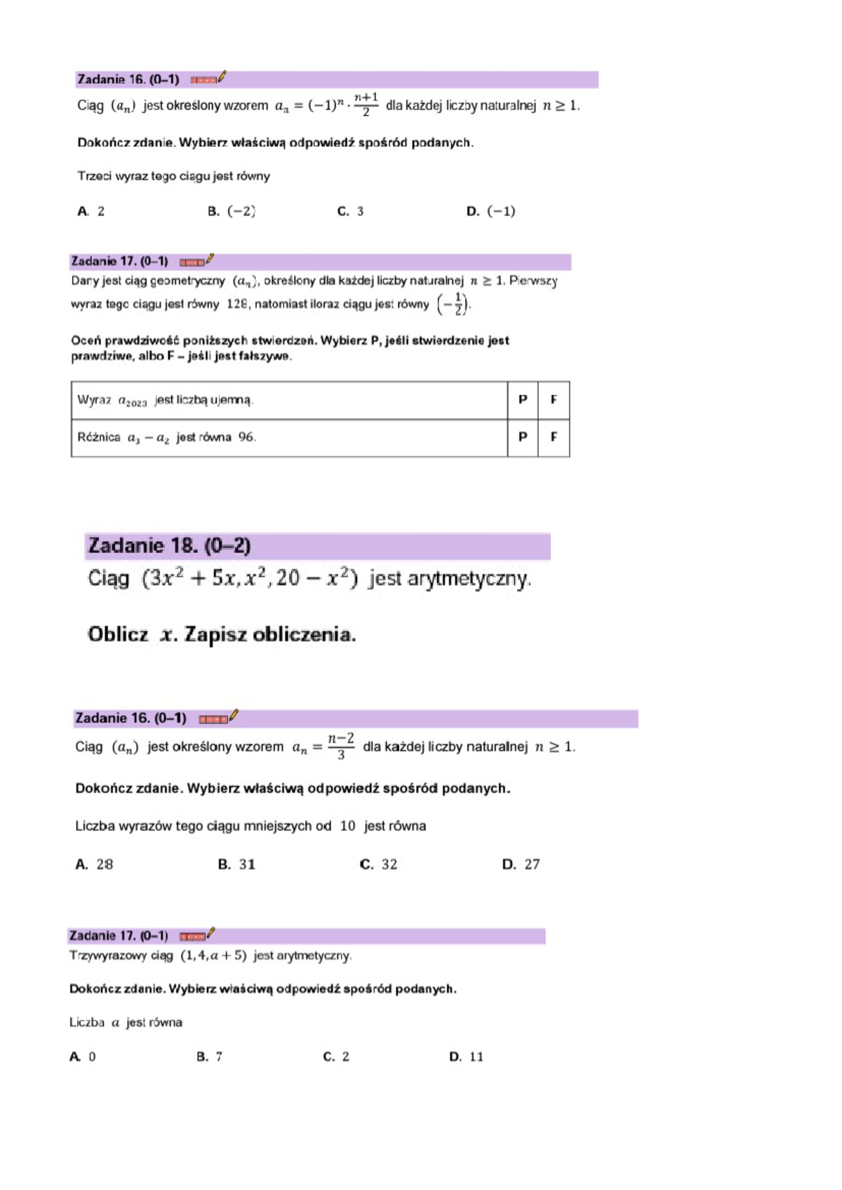 Sprawdzian Z Ciągów Liczbami Całkowitymi