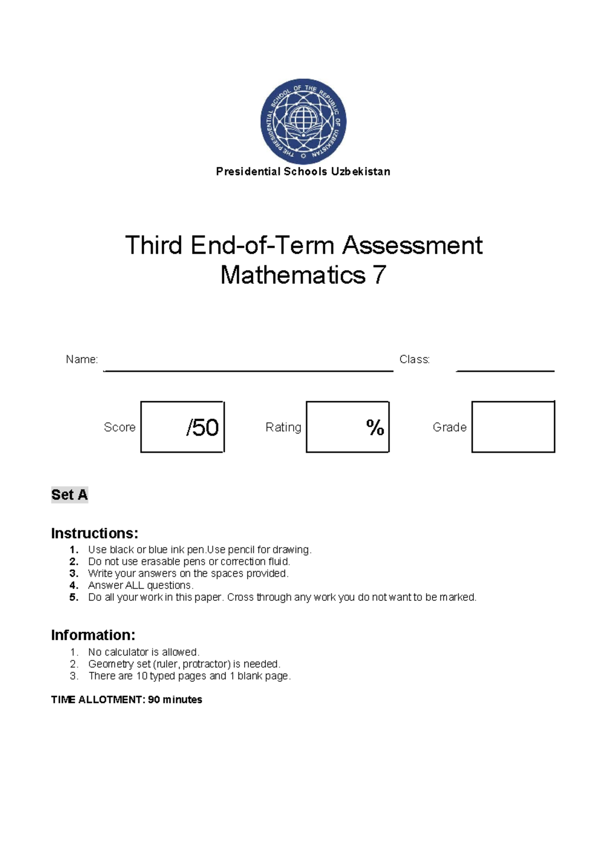 Eo T3.a Math 7 22-23 - Presidential Schools Uzbekistan Third End-of ...