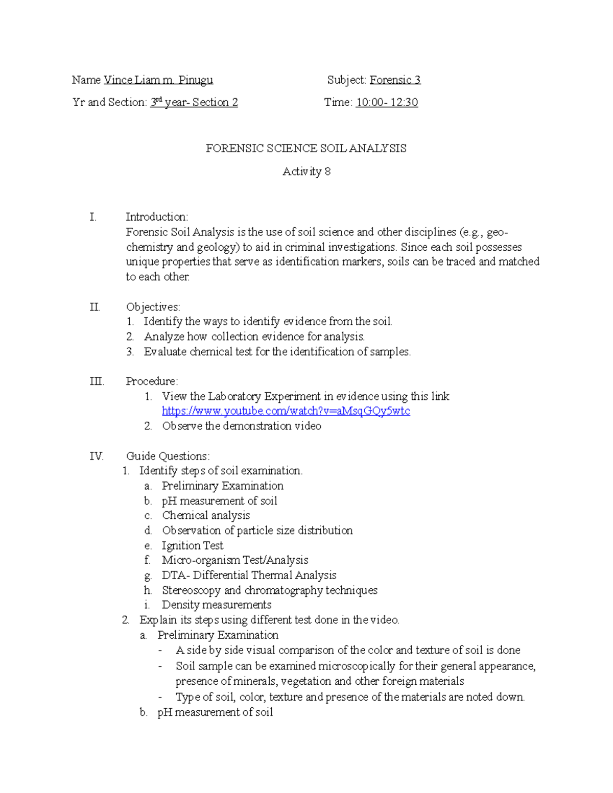 Soil-Analysis - NONE - Name Vince Liam m. Pinugu Subject: Forensic 3 Yr ...