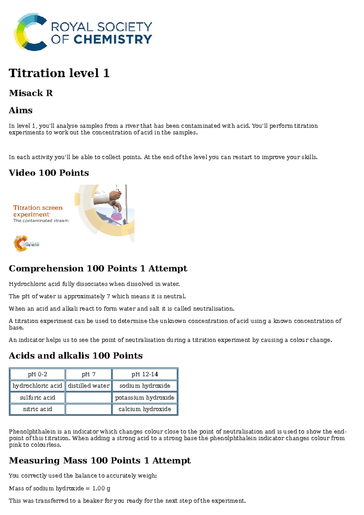 CHEM 1150 LAB 3 Chem lab report Titration level Misack R Aims In level 1, you'll analyse