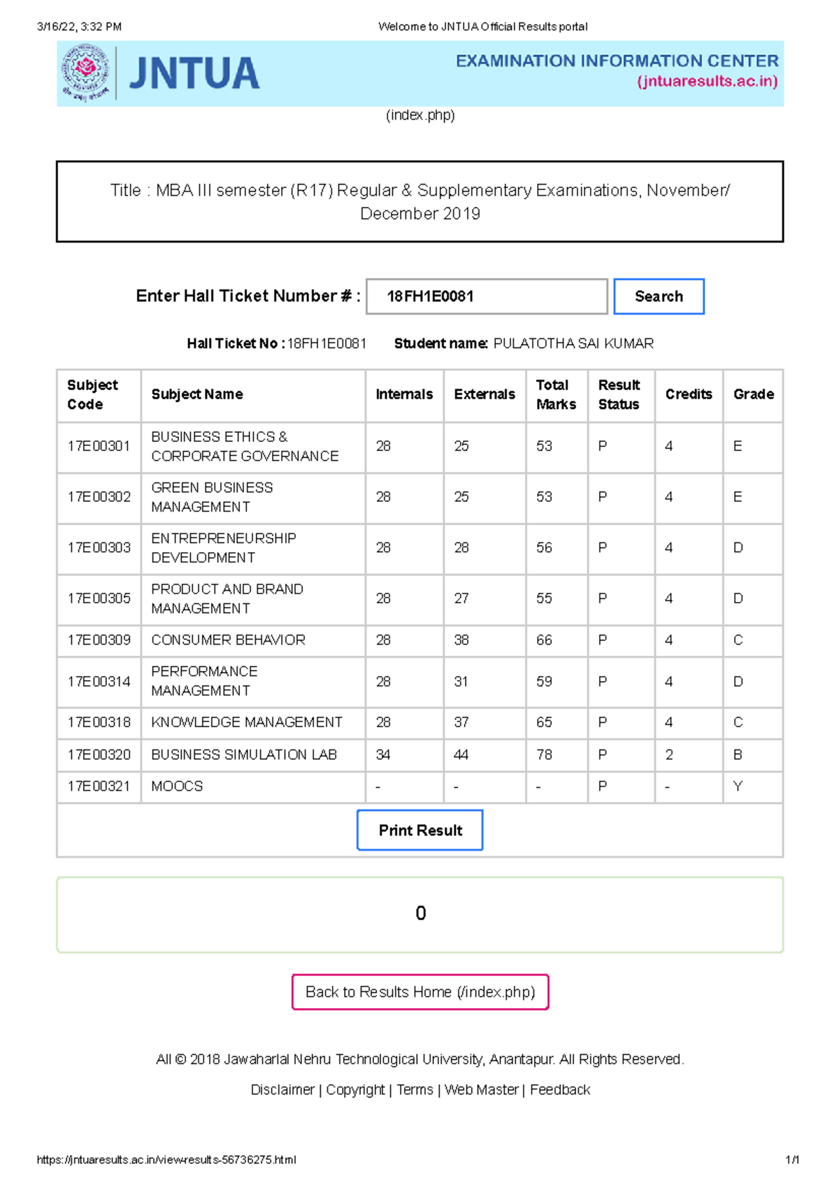S - tutorial work - 3/16/22, 3:32 PM Welcome to JNTUA Official Results ...