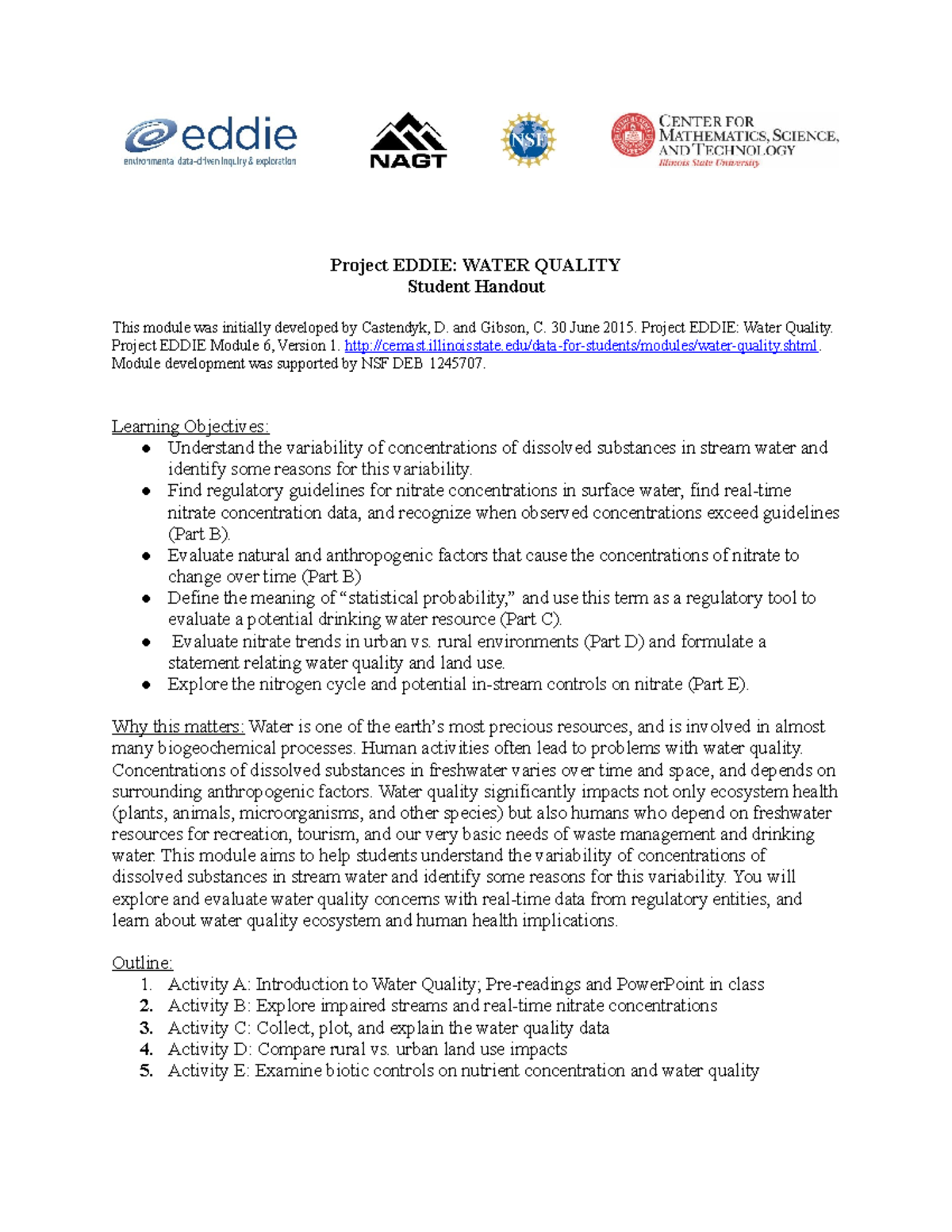 Water quality module student - Project EDDIE: WATER QUALITY Student ...