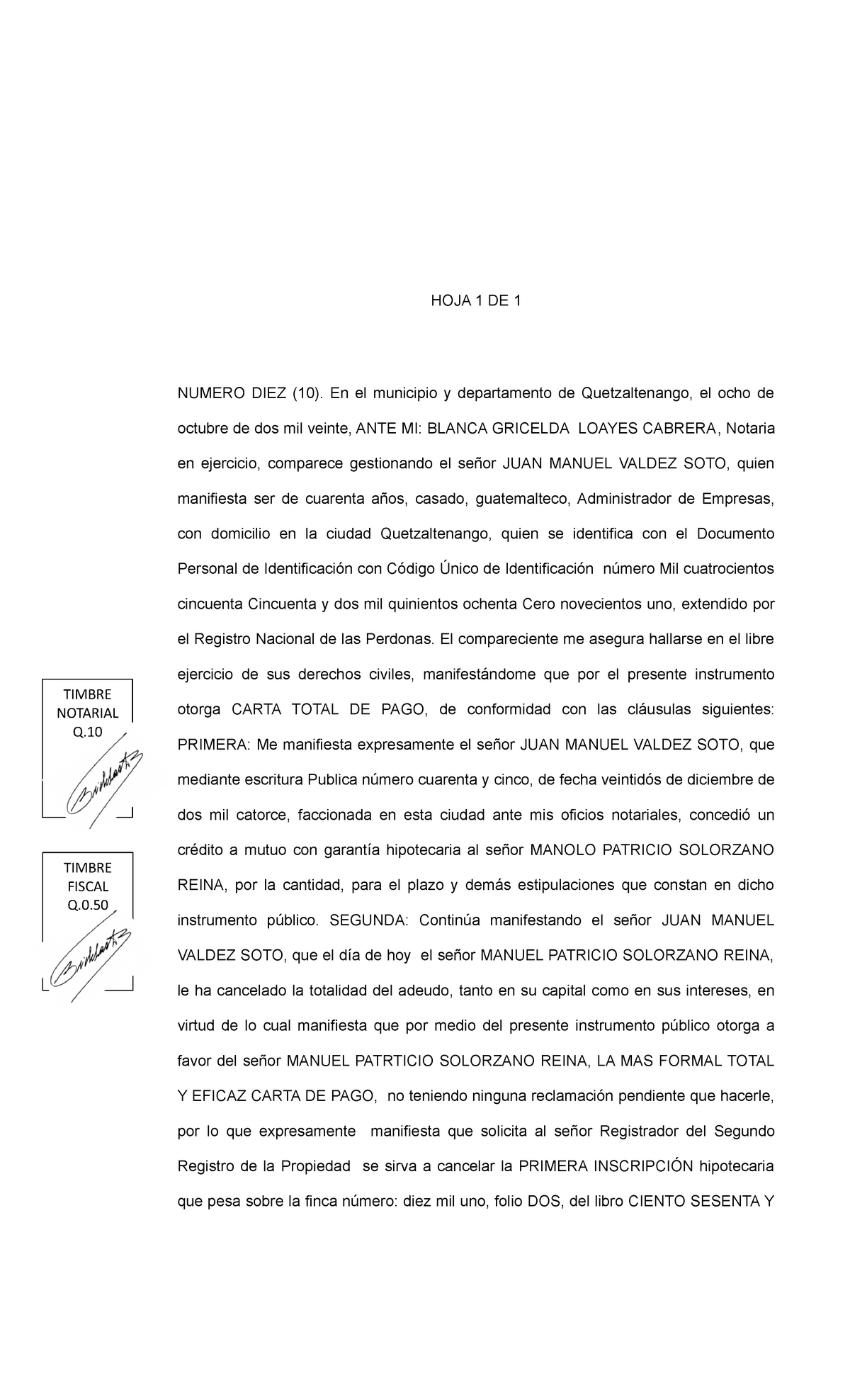 Testimonio Especial De Carta De Pago Hoja 1 De 1 Numero Diez 10 En El Municipio Y 8020