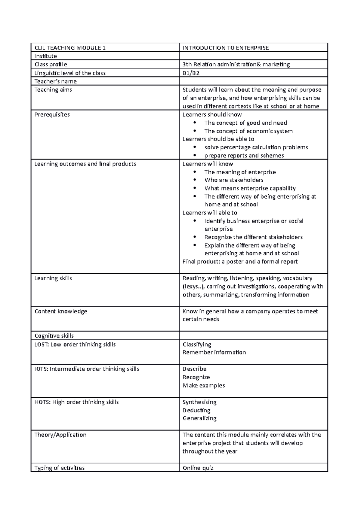 CLIL Teaching Module n - Programmazione modulo clil - CLIL TEACHING ...