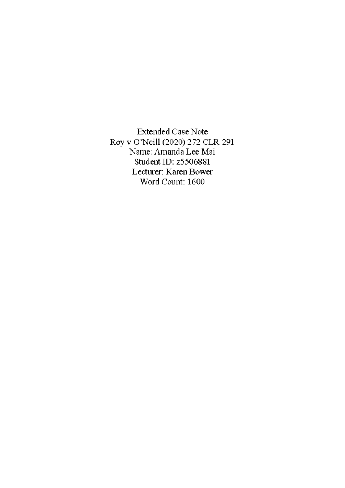 Extended case note - Extended Case Note Roy v O’Neill (2020) 272 CLR ...