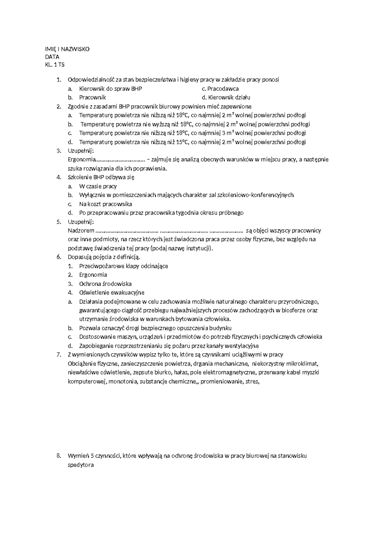 Bhp Sprawdzian Z Calego Roku Gastronomia www.studocu.com