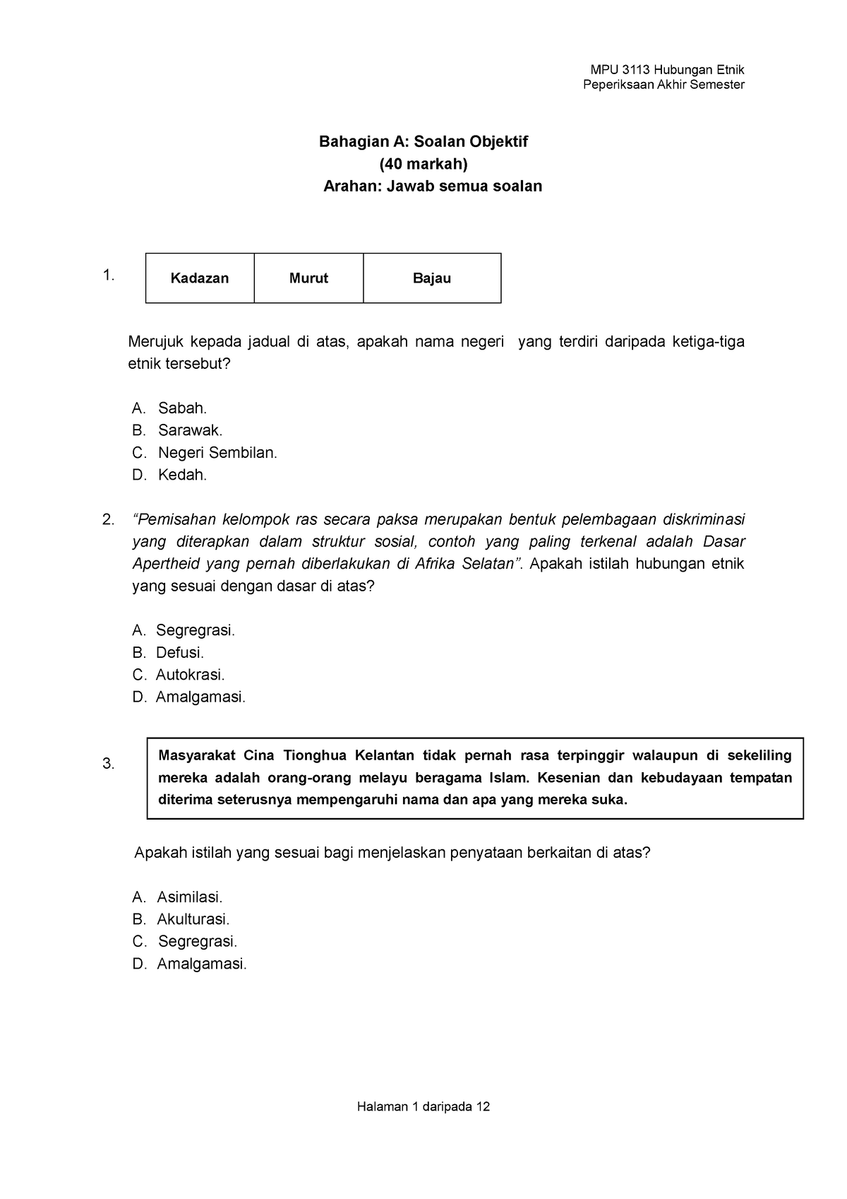 Contoh soalan hubungan etnik dan jawapan  Peperiksaan Akhir Semester