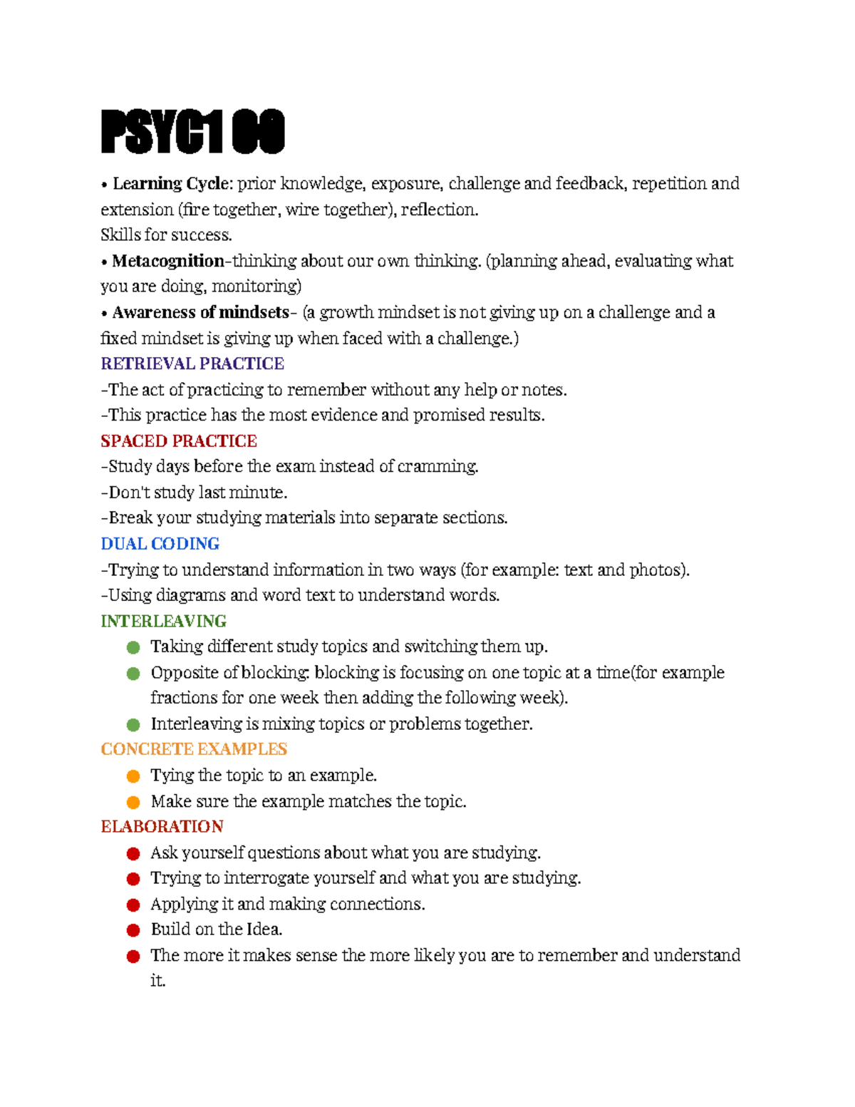 Phsyc 100 Notes - PSYC1 00 • Learning Cycle: prior knowledge, exposure ...