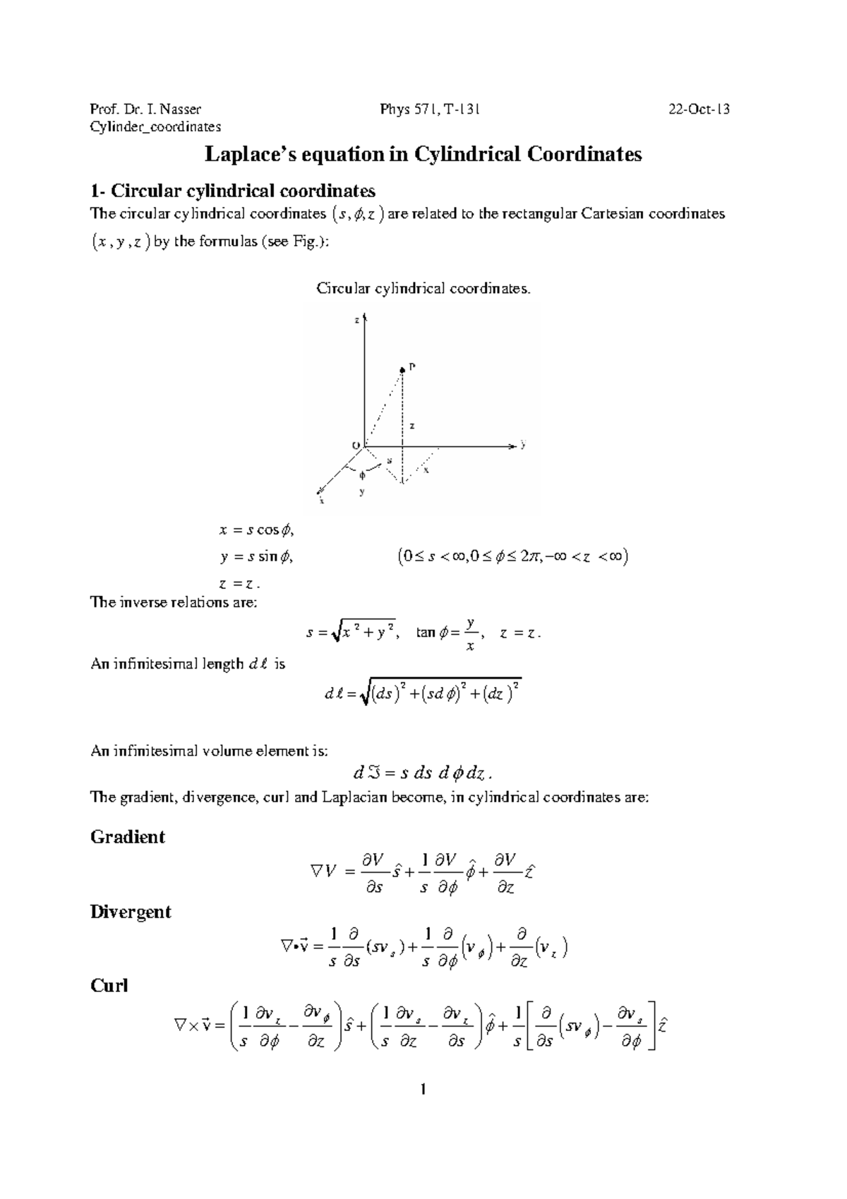 Cylinder coordinates T131N Cylinder_coordinates Laplace’s equation in