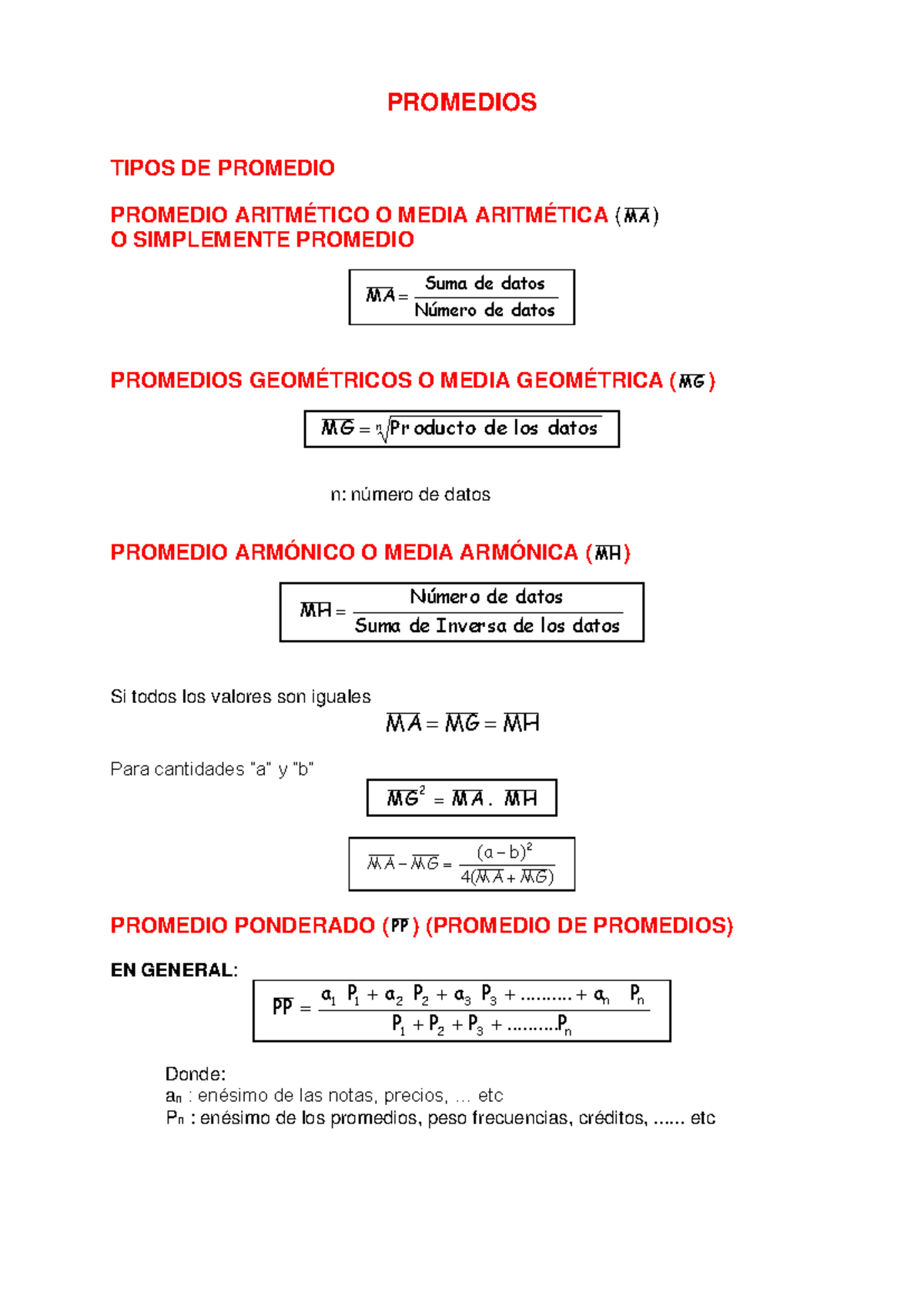 Promedios 2023 Resumen - PROMEDIOS TIPOS DE PROMEDIO PROMEDIO ...