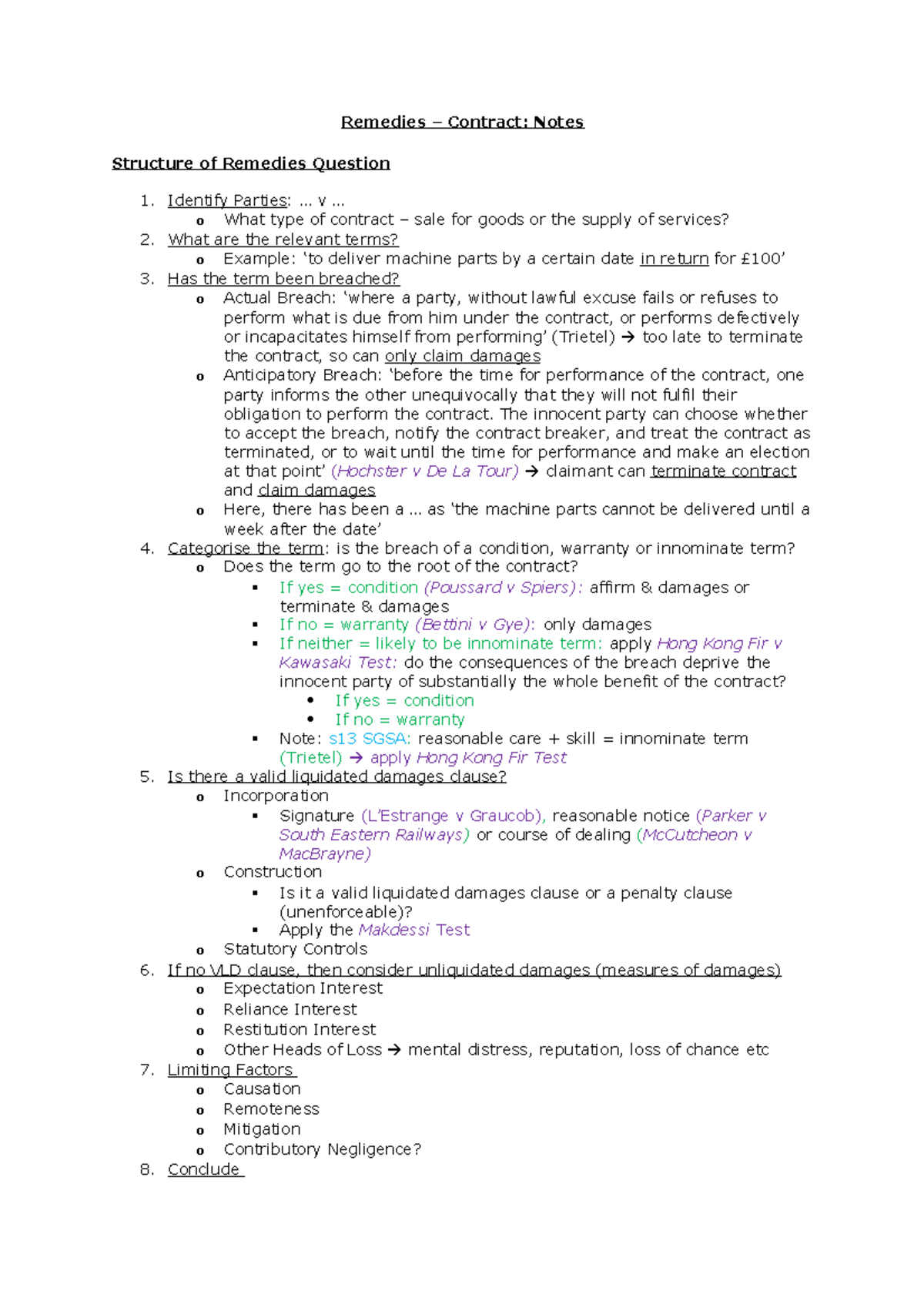 Remedies - Contract Notes - Remedies – Contract: Notes Structure of ...