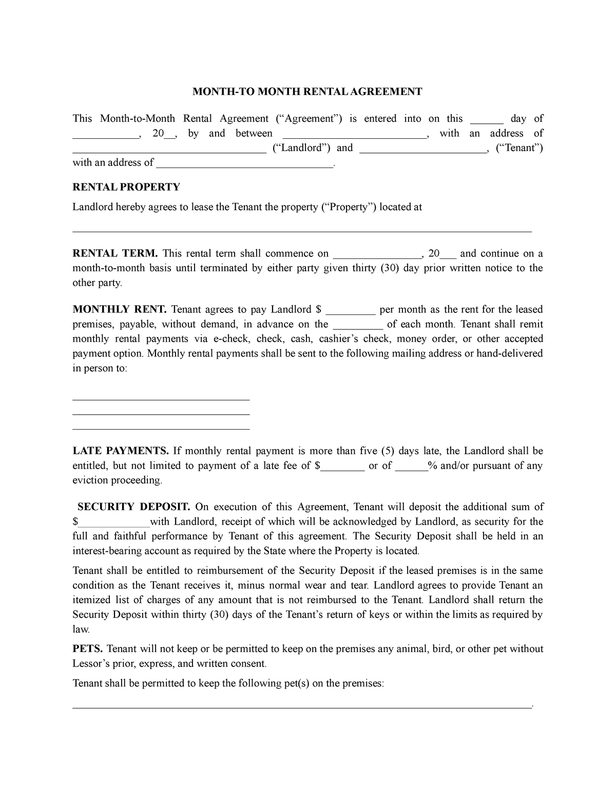 Pdf template month to month rental agreement template - MONTH-TO MONTH ...