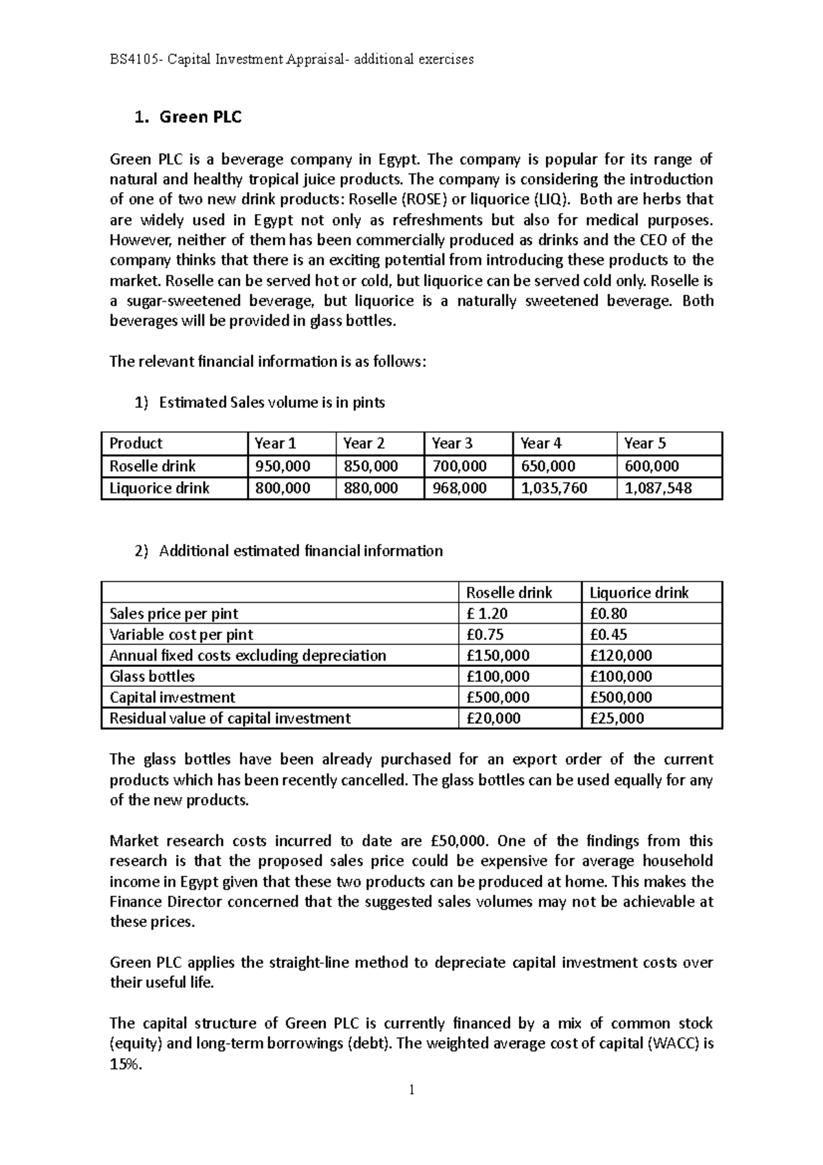 BS4105- CIA-Additional exercises - 1. Green PLC Green PLC is a beverage ...