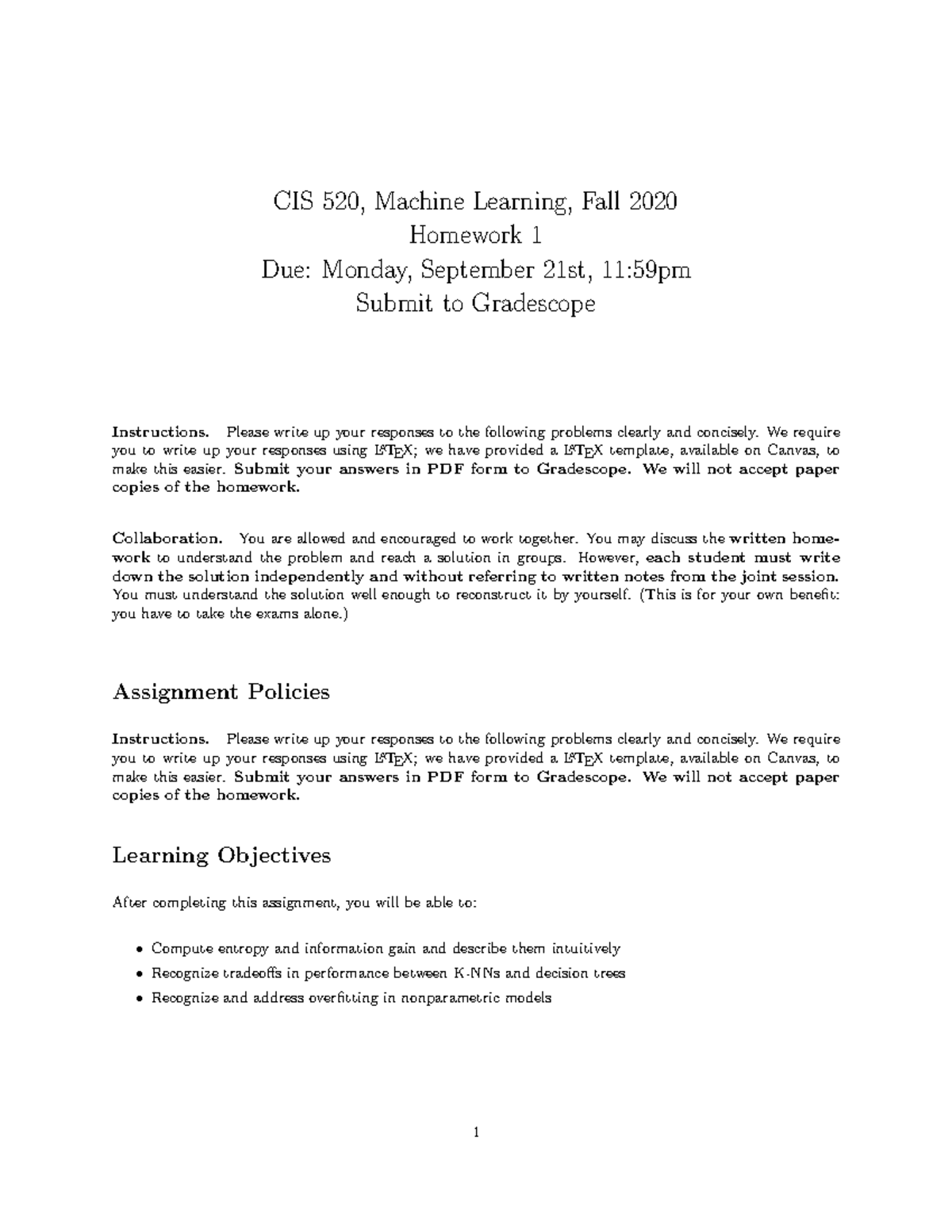 CIS 520 Homework 1 KNN, Decision Trees - CIS 520, Machine Learning ...