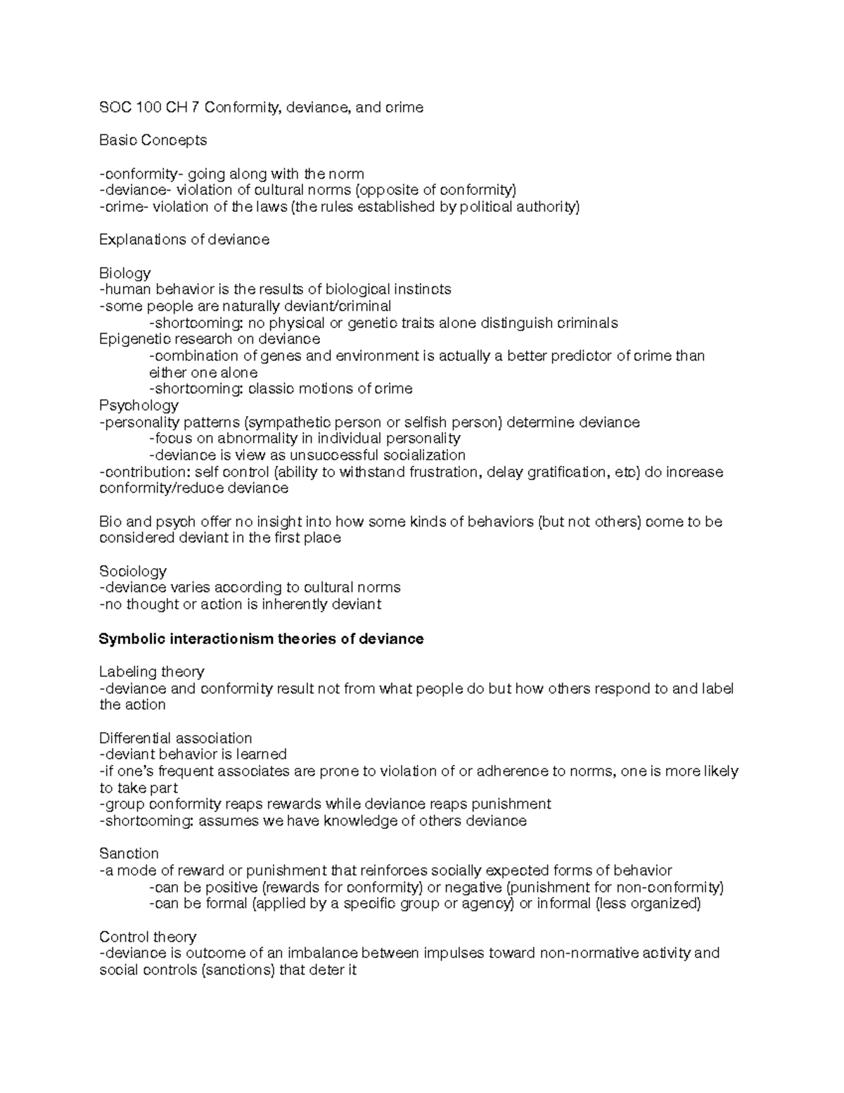 SOC 100 Feb 4 - SOC 100 CHAPTER NOTES - SOC 100 CH 7 Conformity ...