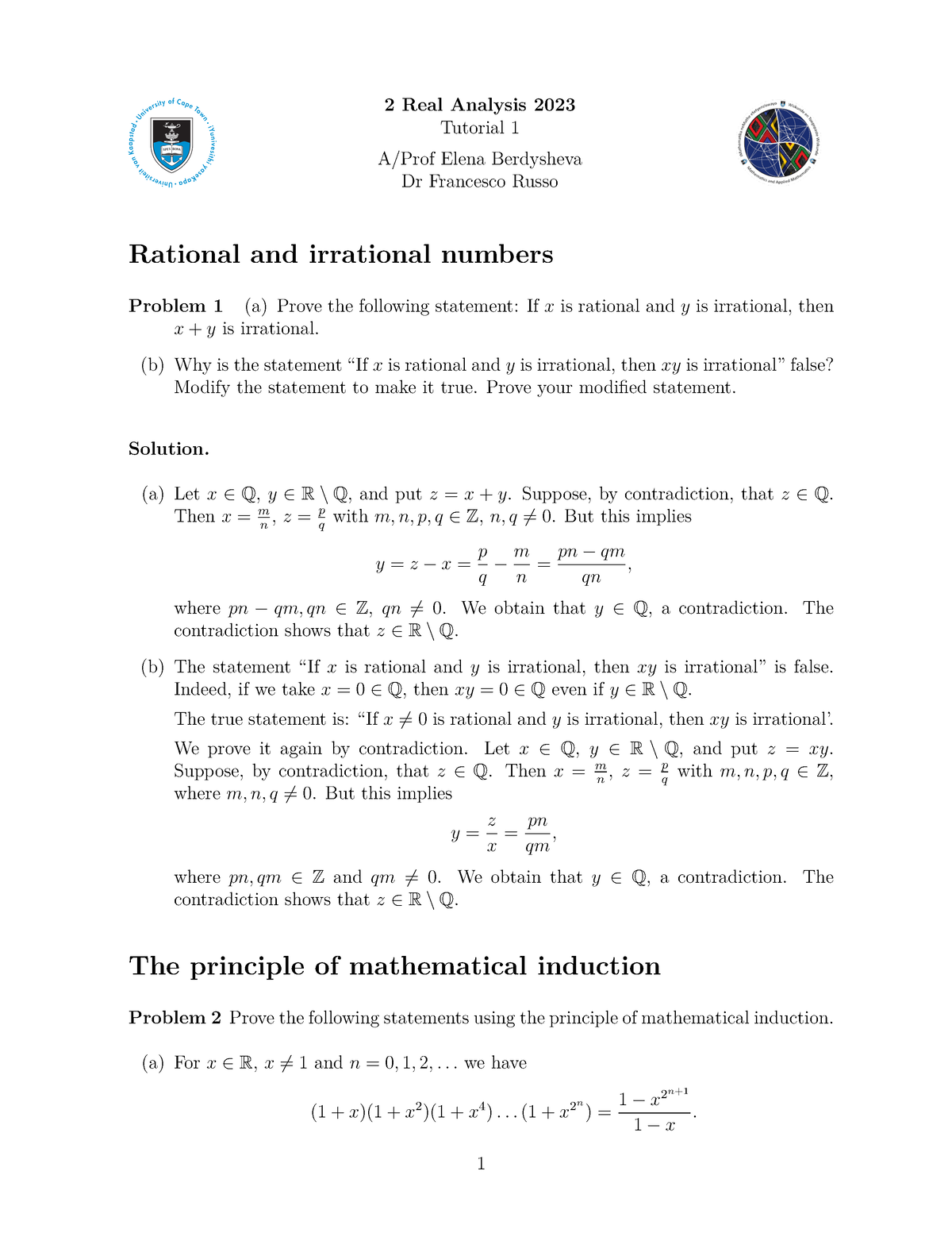 Real Analysis Tut1 Solution - 2 Real Analysis 2023 Tutorial 1 A/Prof ...