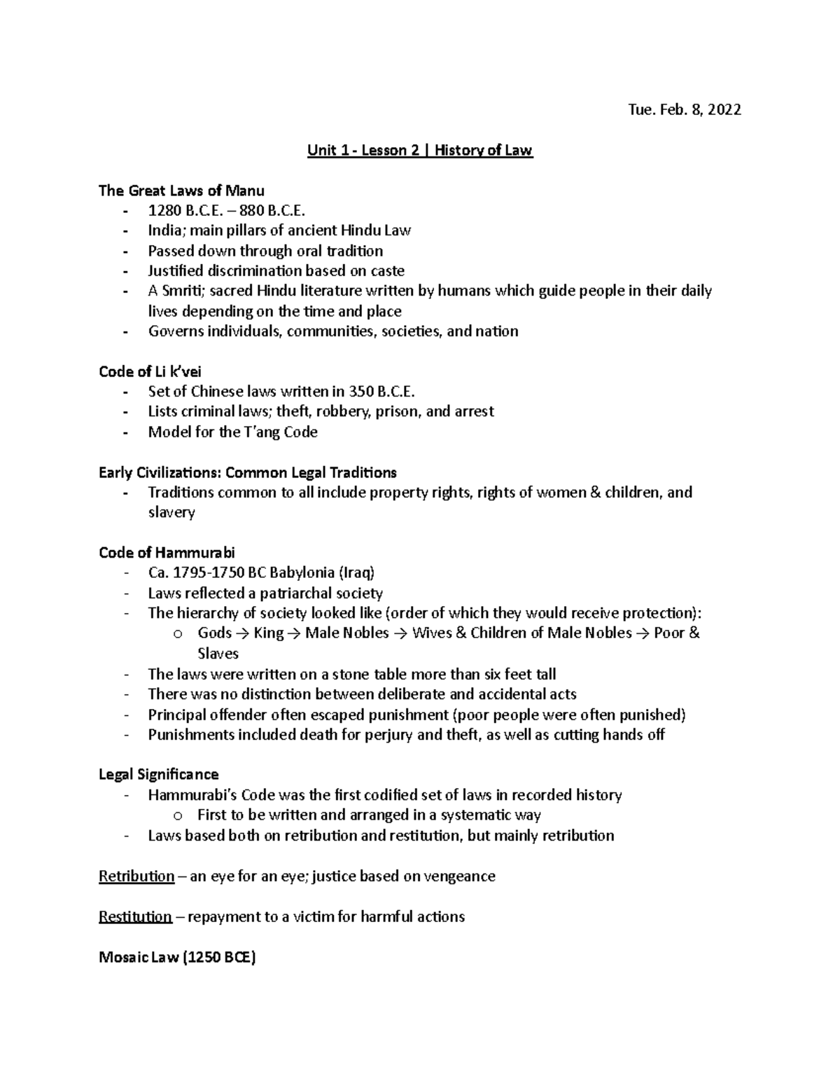CLN 4U1 - Unit 1 Lesson 2 History of Law - Tue. Feb. 8, 2022 Unit 1