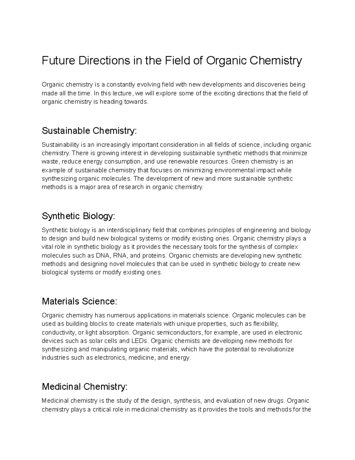 Organic Chemistry II (CHM-2020 ) Lecture 38 - Future Directions In The ...