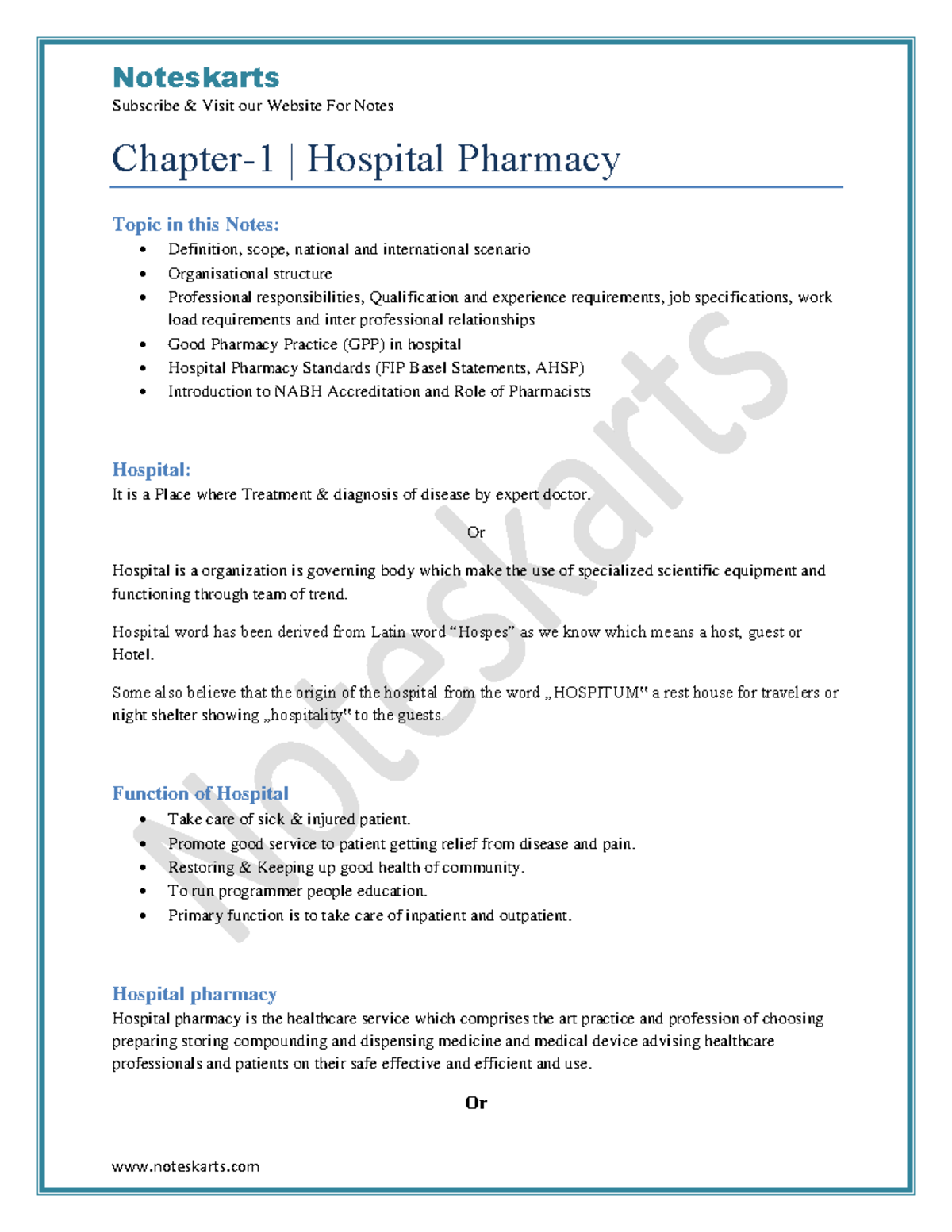Chapter 1 Hospital and Clinical Pharmacy Choplete PDF Notes D