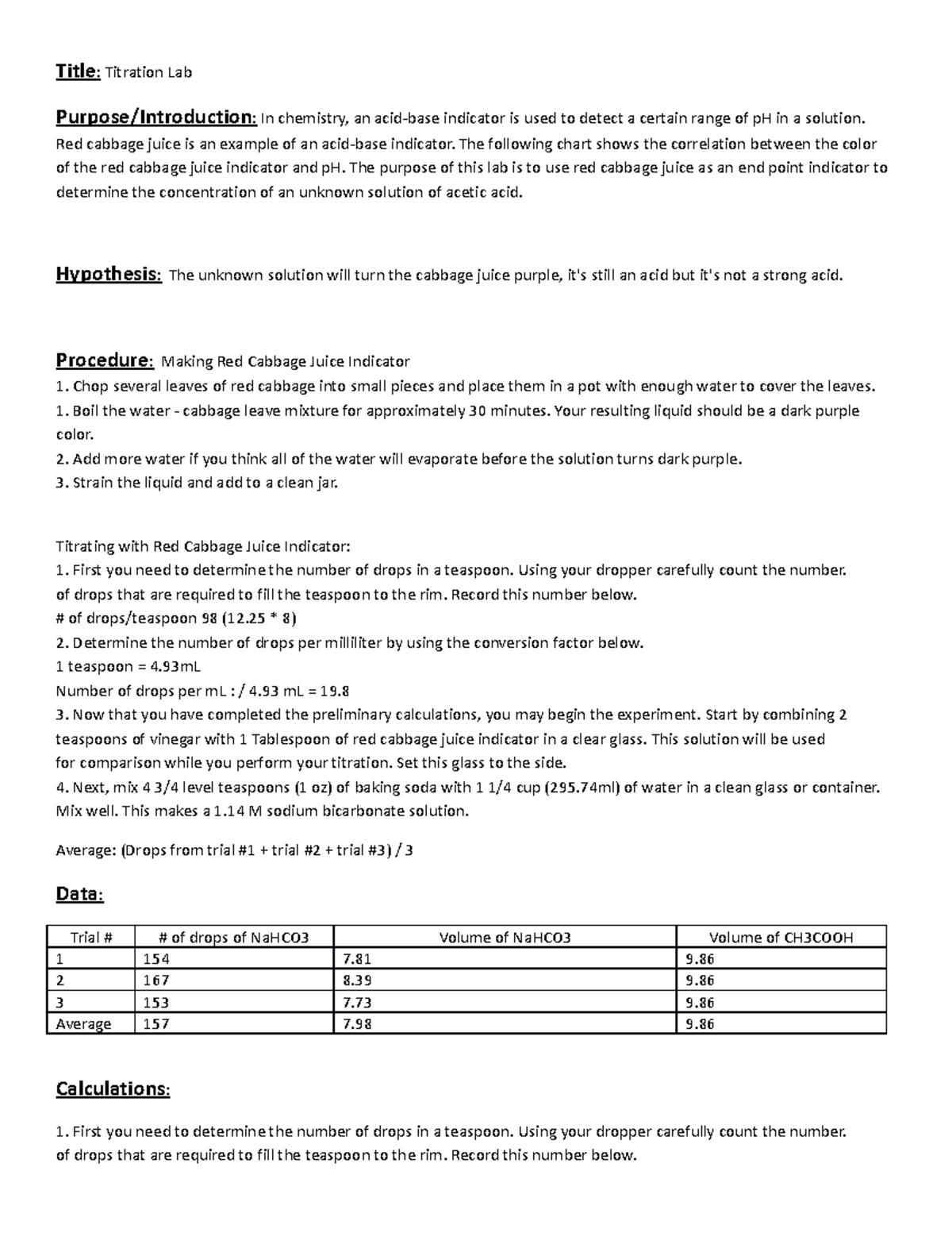Titration lab in chemistry Title Titration Lab Purpose/Introduction