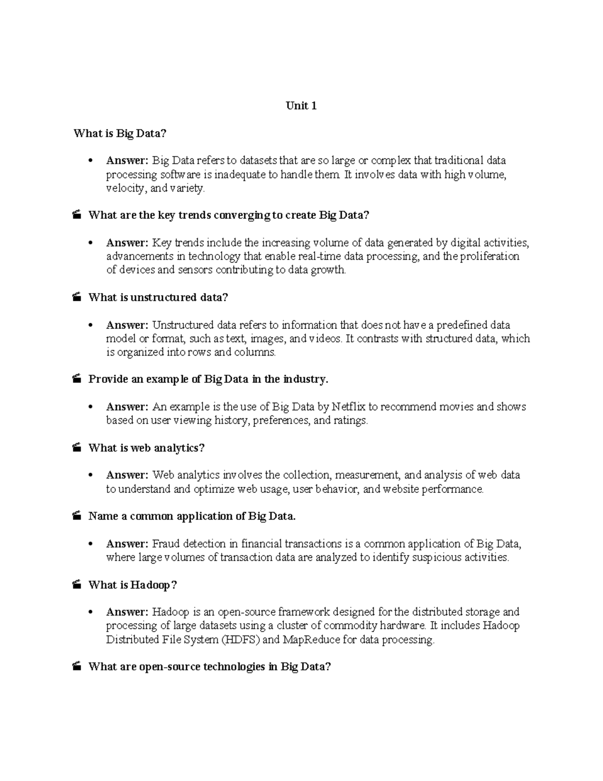 2 mark big data - easy to study 2 marks for all units - Unit 1 What is ...