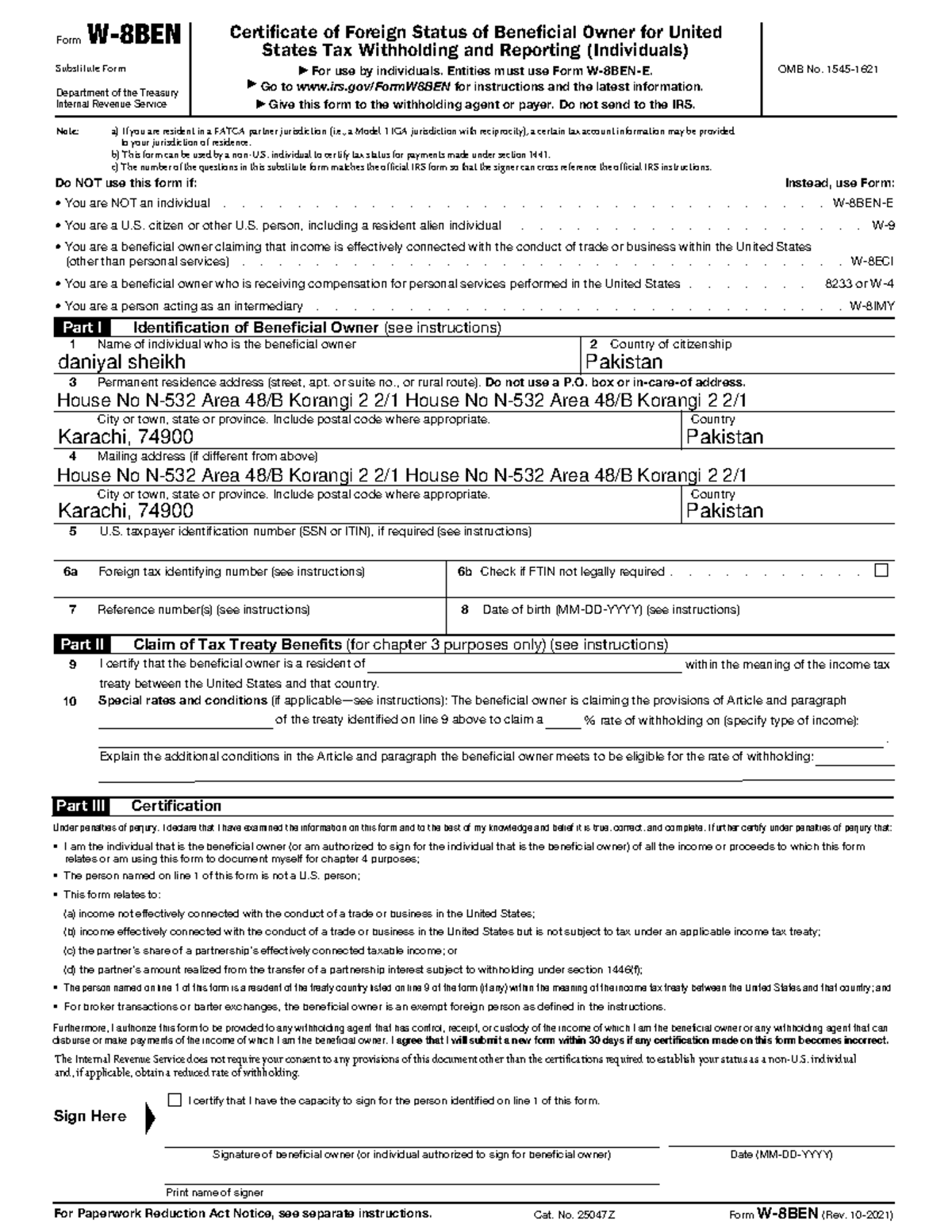 Doc - FormW-8BEN Substitute Form Department of the Treasury Internal ...