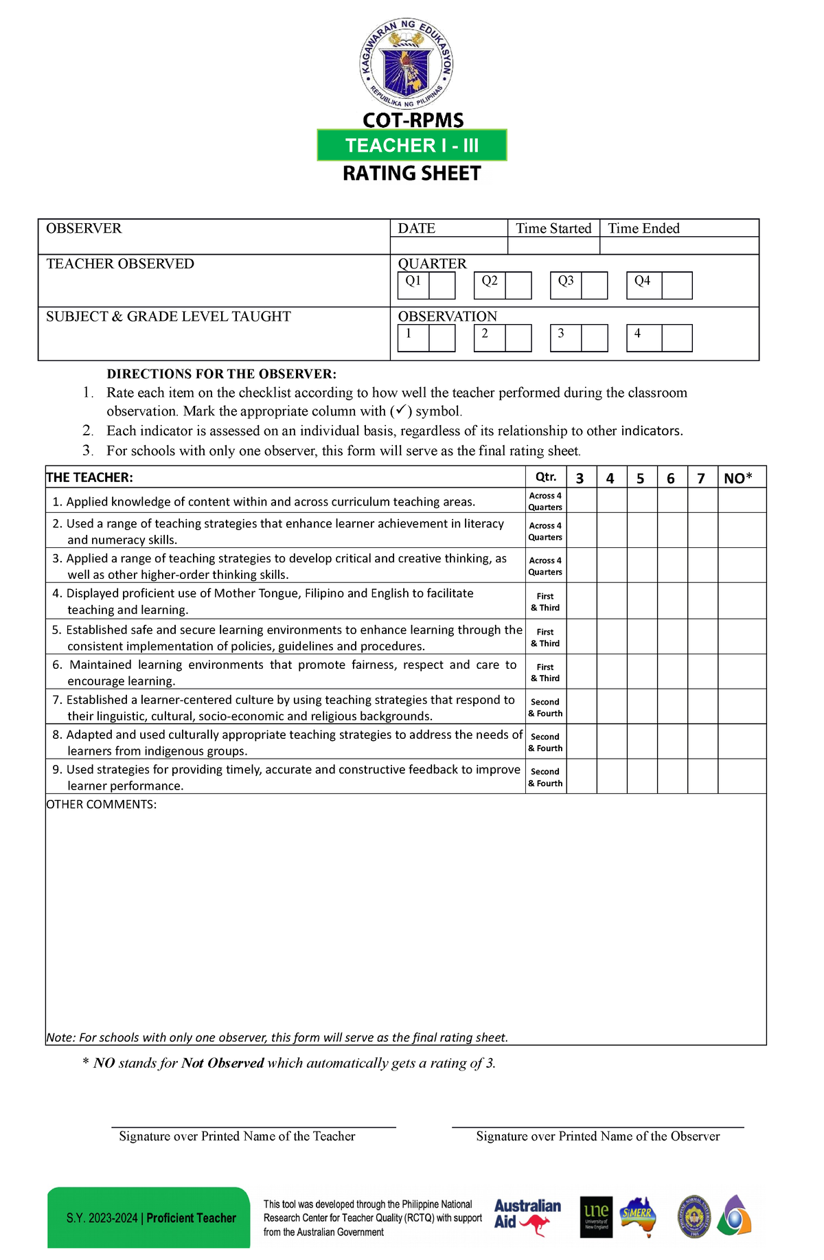 T13 COTRPMS20232024 Template TEACHER I III OBSERVER DATE Time