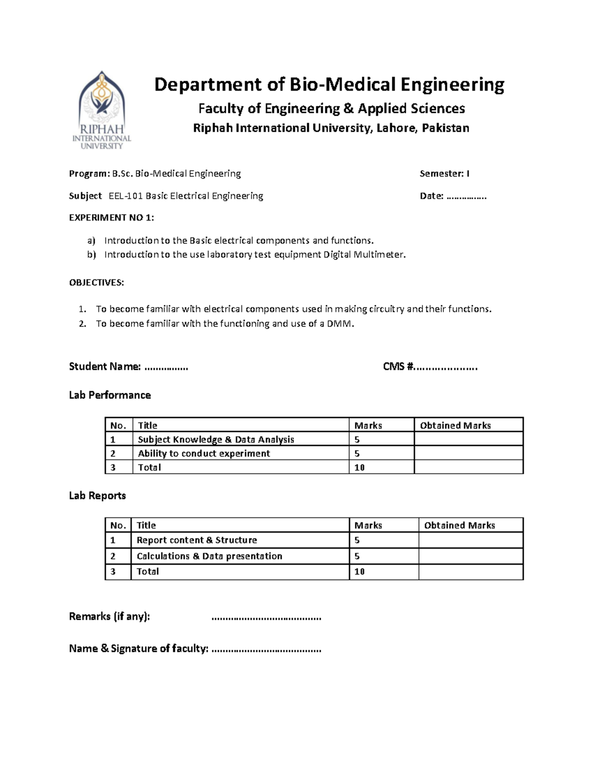 Lab 1 - BEE lab 1 - Department of Bio-Medical Engineering Faculty of ...