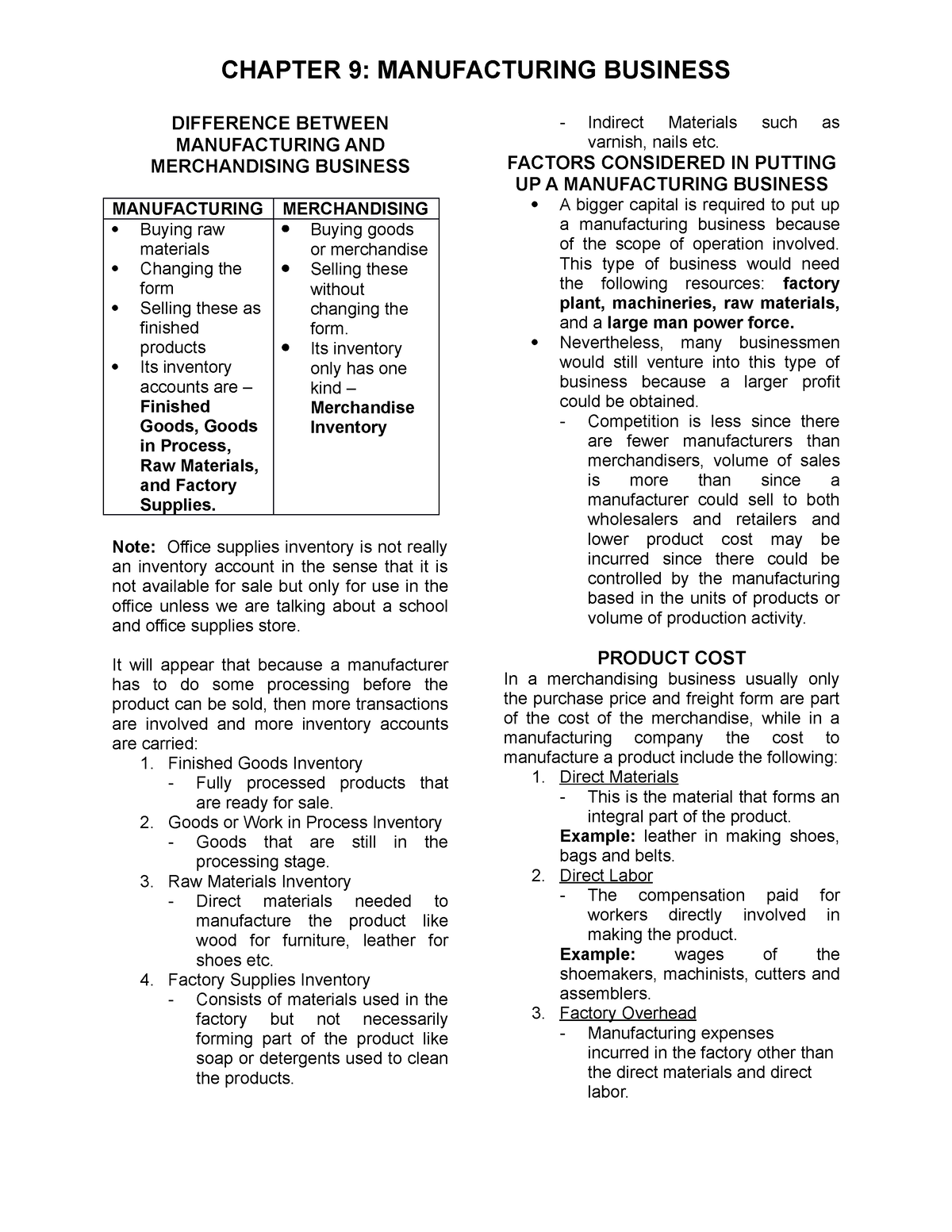 Chapter 9 - Manufacturing Business - CHAPTER 9: MANUFACTURING BUSINESS ...