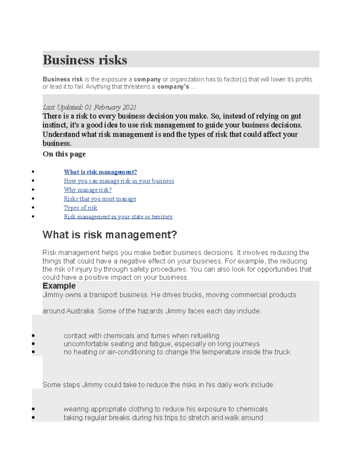 Risk mgmt Business risks Business risks Business risk is the