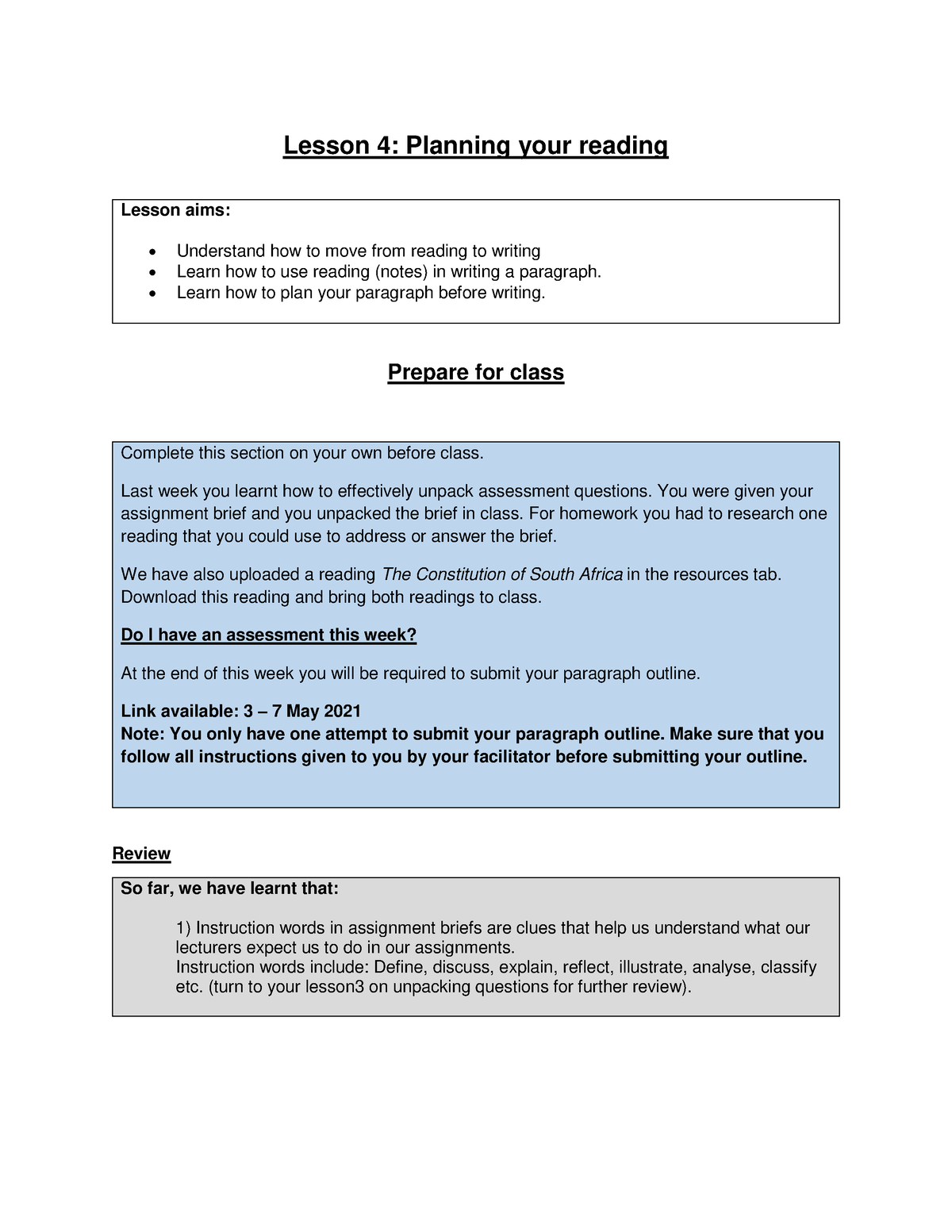 Lesson 4 Planning your reading - Lesson 4: Planning your reading Lesson ...