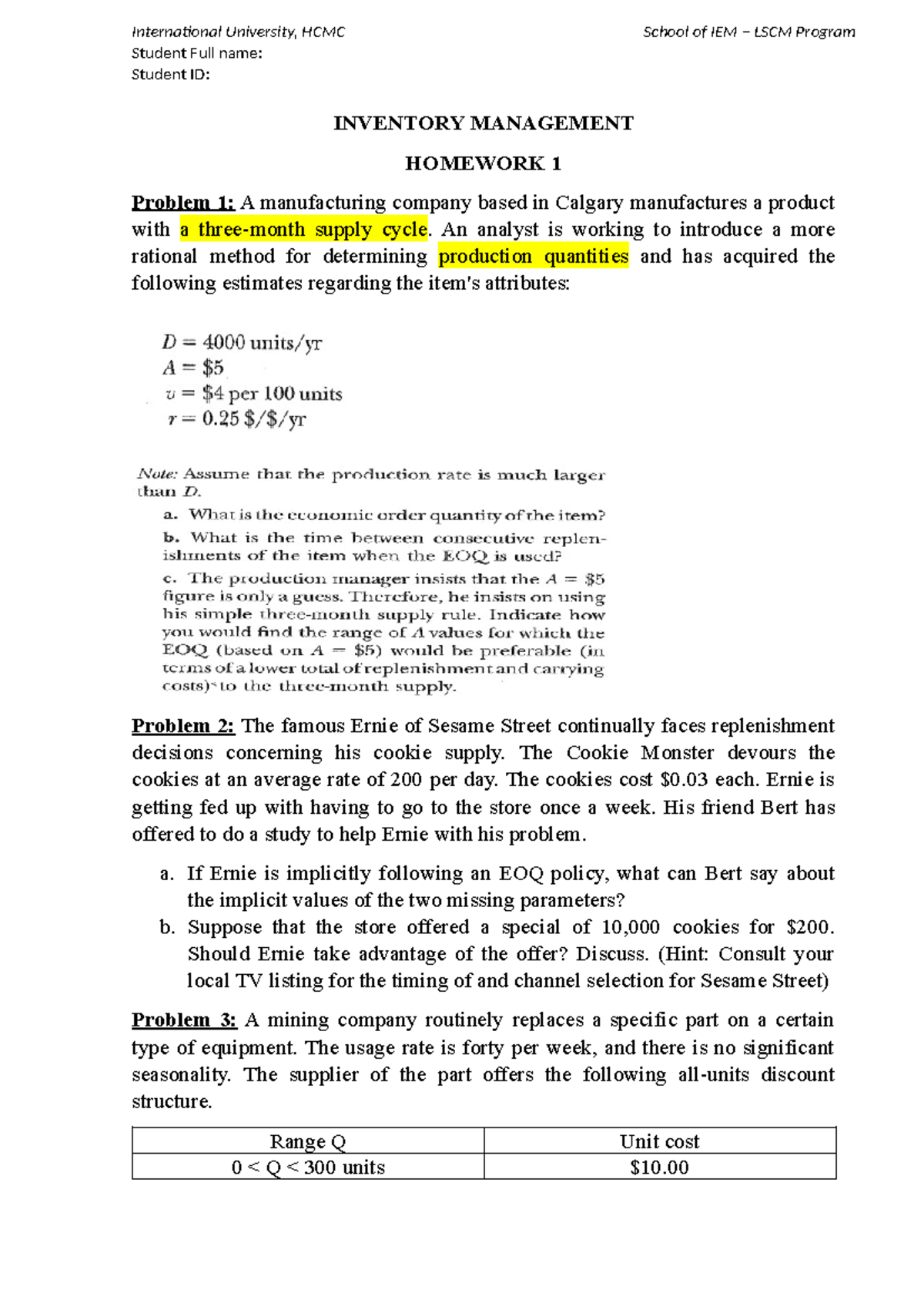 Inventory Homework 1 - International University, HCMC School of IEM ...